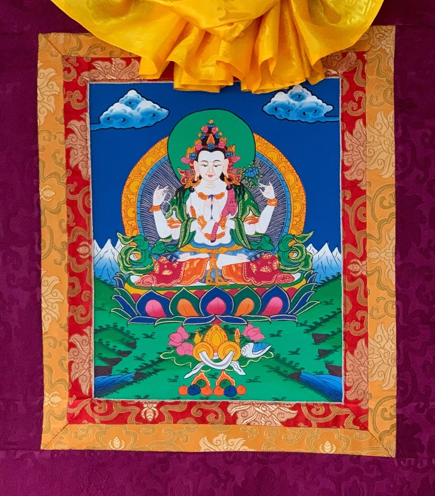 Chyangresi/Chenrezig/ Avalokiteshvara, Bodhisattva of Compassion, Original Tibetan Thangka/ Thanka Art/ Hand Painting with Silk Brocade