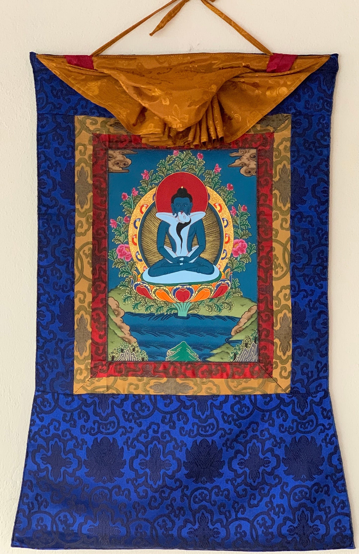 Hand Painted Buddha Shakti, Samantabhadra, Tibetan Thangka Painting, Original Art with Silk Brocade (Frame)