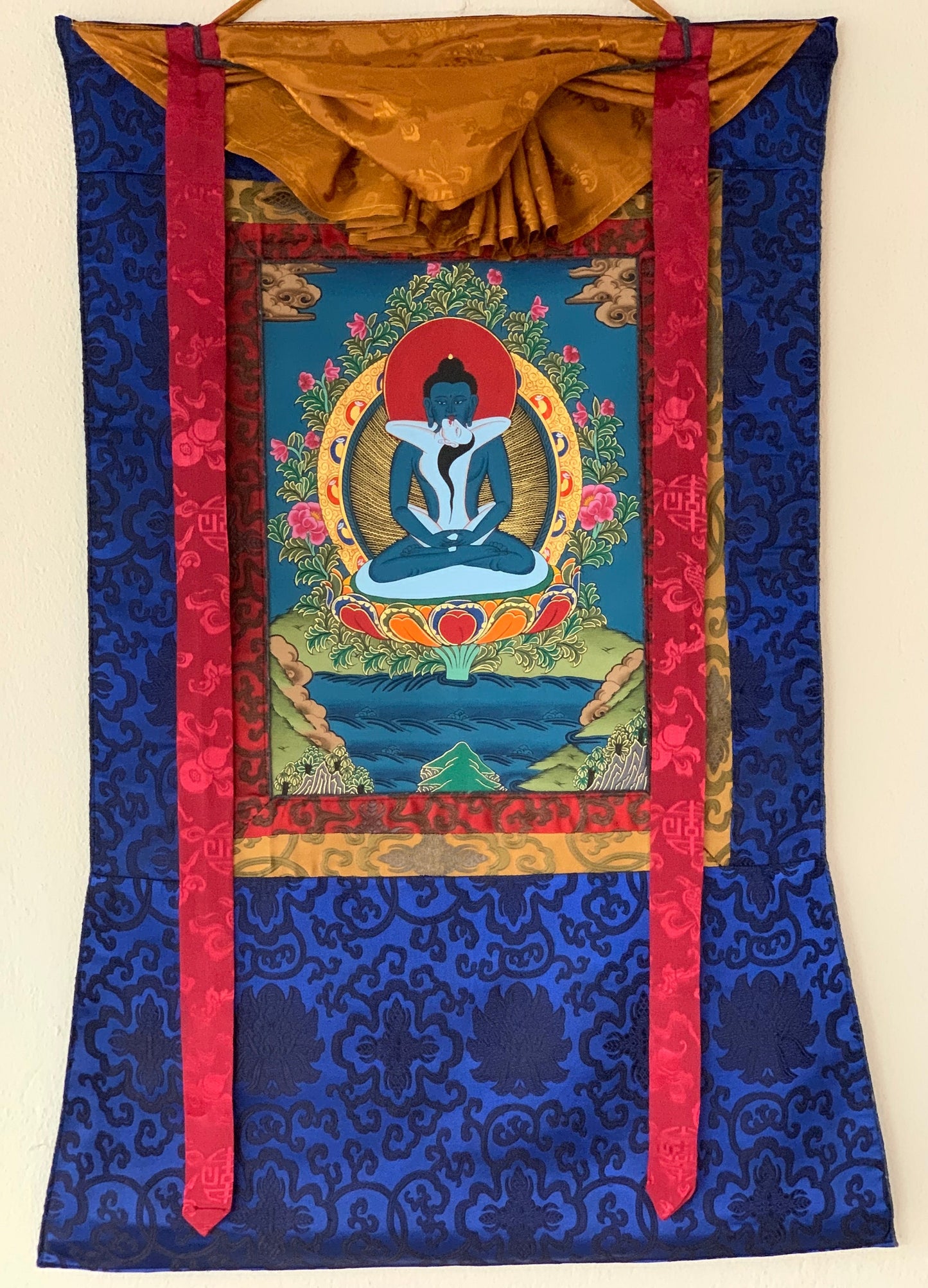 Hand Painted Buddha Shakti, Samantabhadra, Tibetan Thangka Painting, Original Art with Silk Brocade (Frame)