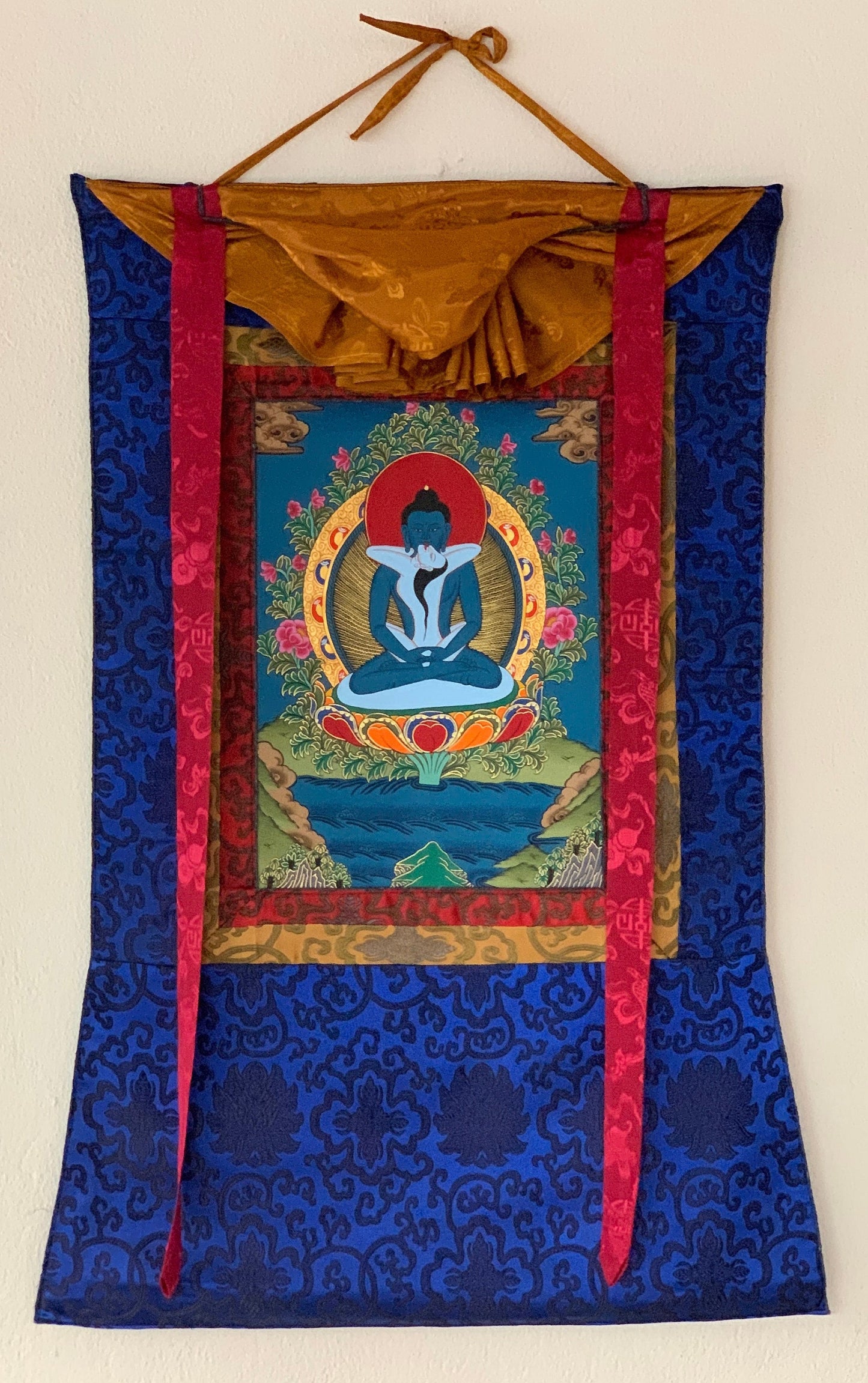 Hand Painted Buddha Shakti, Samantabhadra, Tibetan Thangka Painting, Original Art with Silk Brocade (Frame)