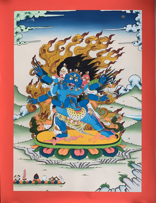 Vajrakilaya, Dorje Phurba, Heruka, with Diptachakra Tibetan Thangka, Original Hand-Painted Buddhist Art 20 x 28 Inch