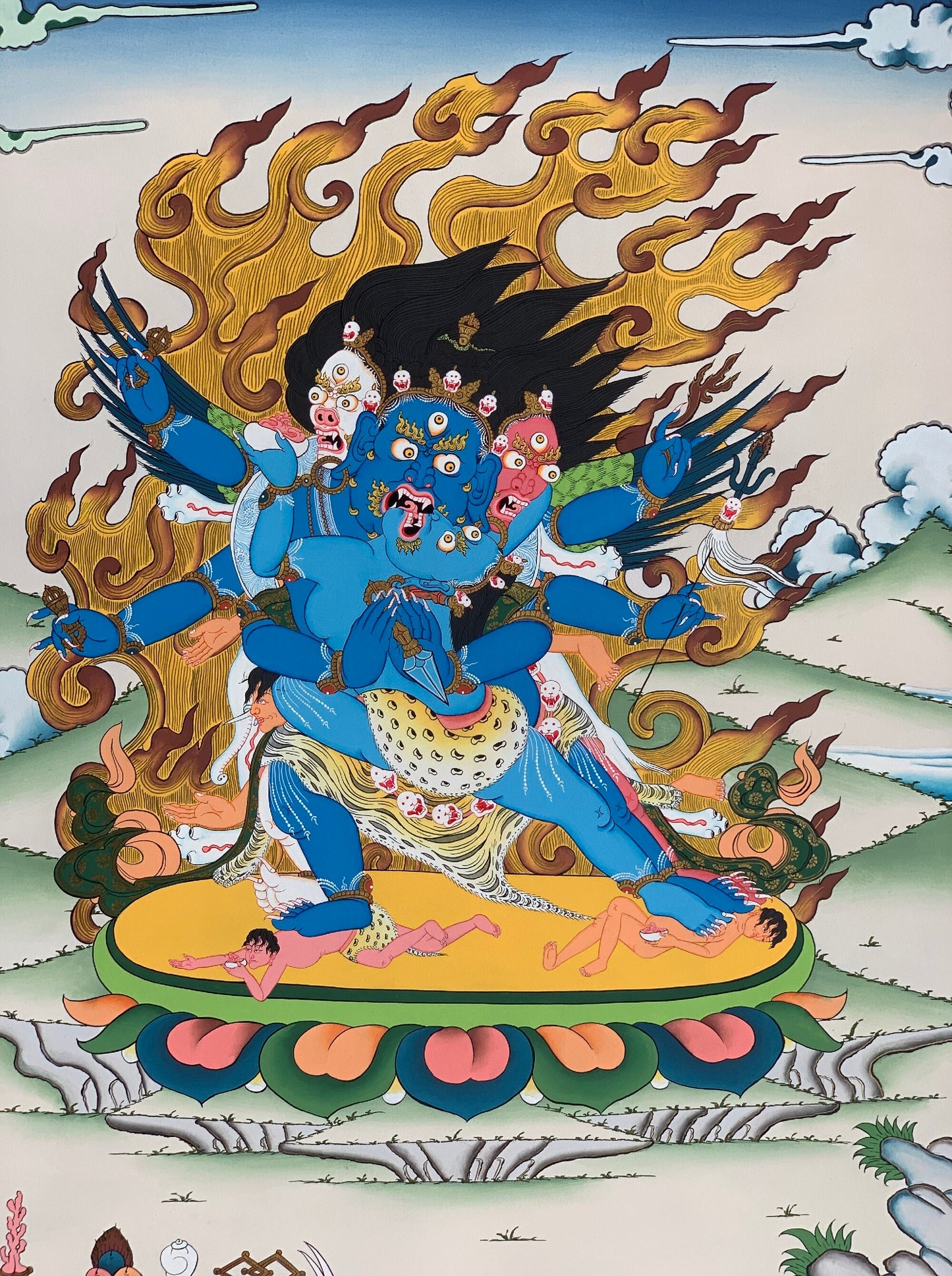 Vajrakilaya, Dorje Phurba, Heruka, with Diptachakra Tibetan Thangka, Original Hand-Painted Buddhist Art 20 x 28 Inch