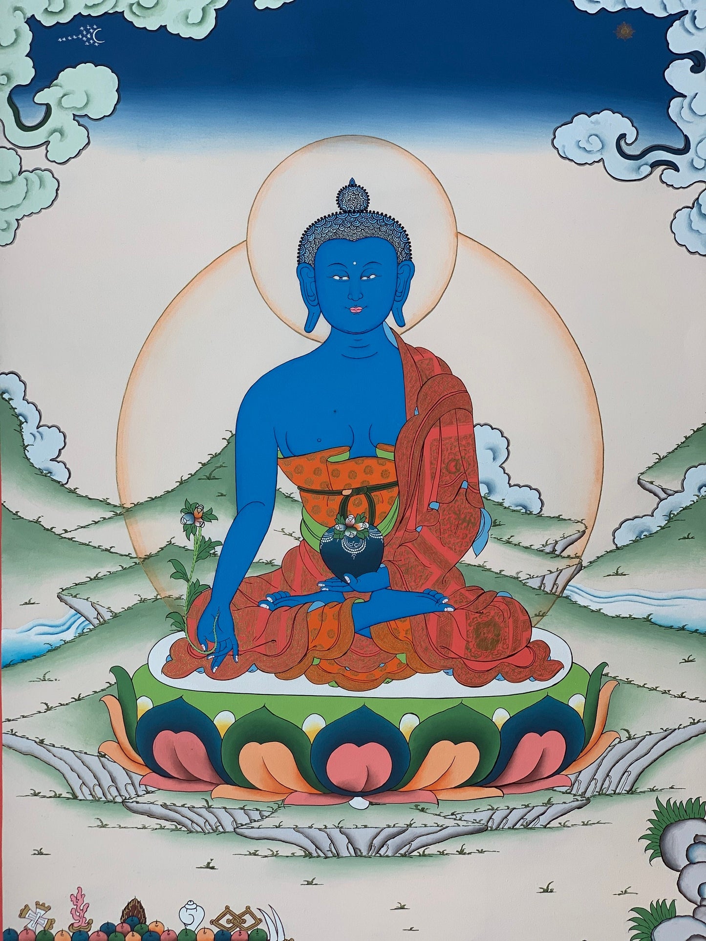 Hand Painted Medicine Buddha, Medicine Master, BhaisajyaGuru, Original Masterpiece Tibetan Thangka Painting, Meditation Art