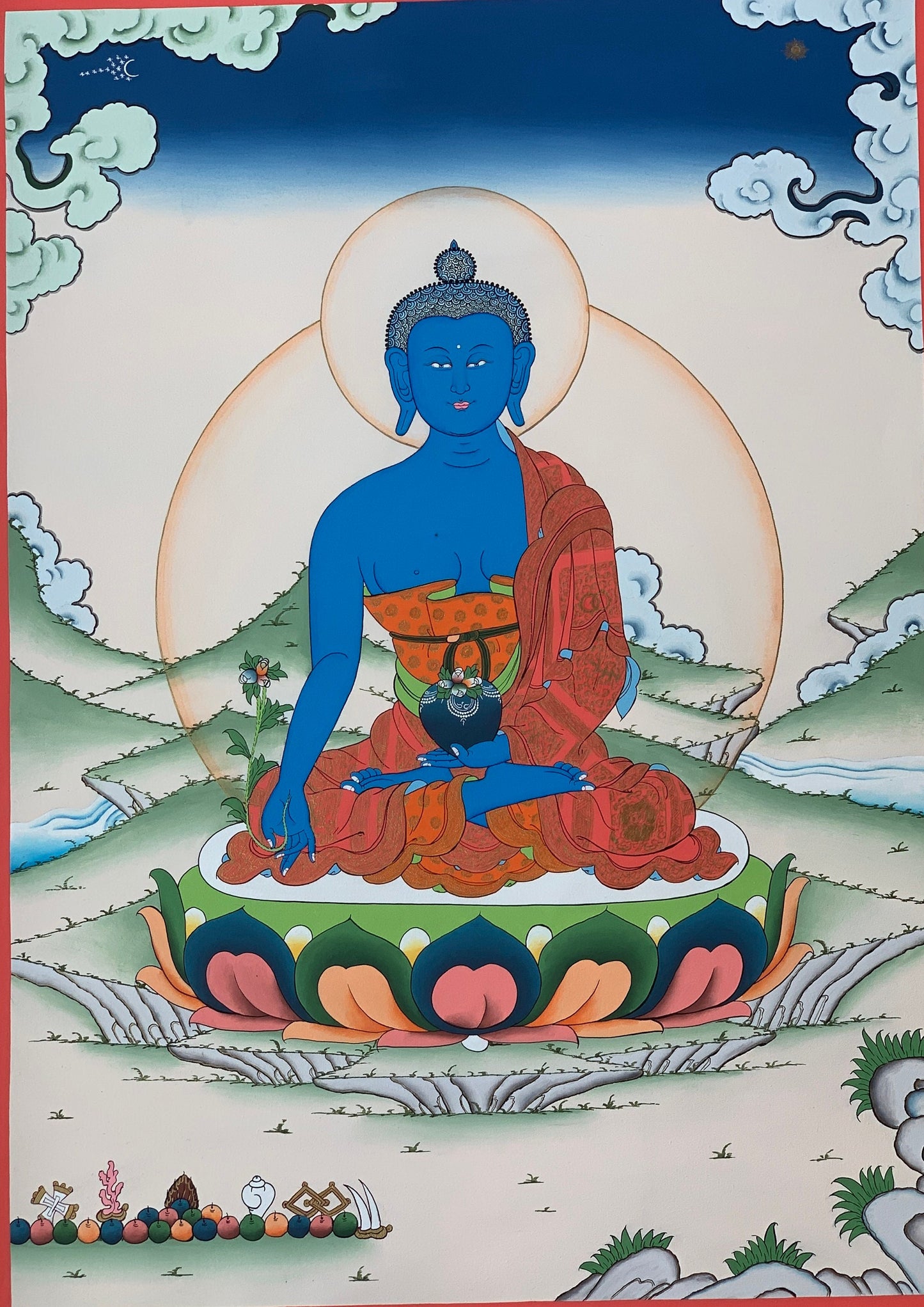 Hand Painted Medicine Buddha, Medicine Master, BhaisajyaGuru, Original Masterpiece Tibetan Thangka Painting, Meditation Art