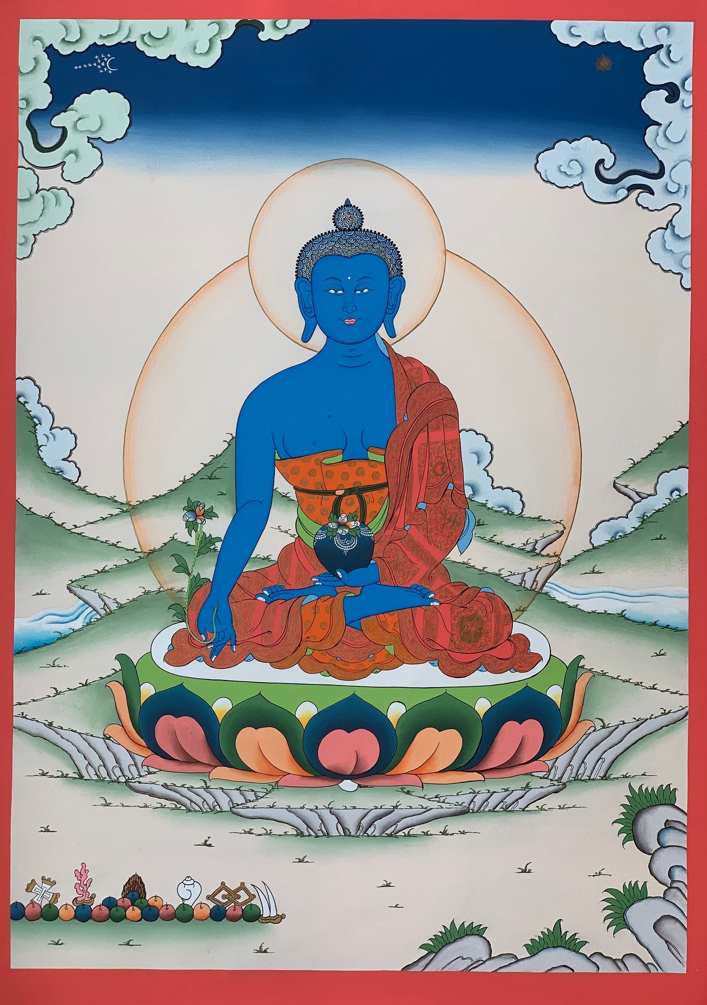 Hand Painted Medicine Buddha, Medicine Master, BhaisajyaGuru, Original Masterpiece Tibetan Thangka Painting, Meditation Art