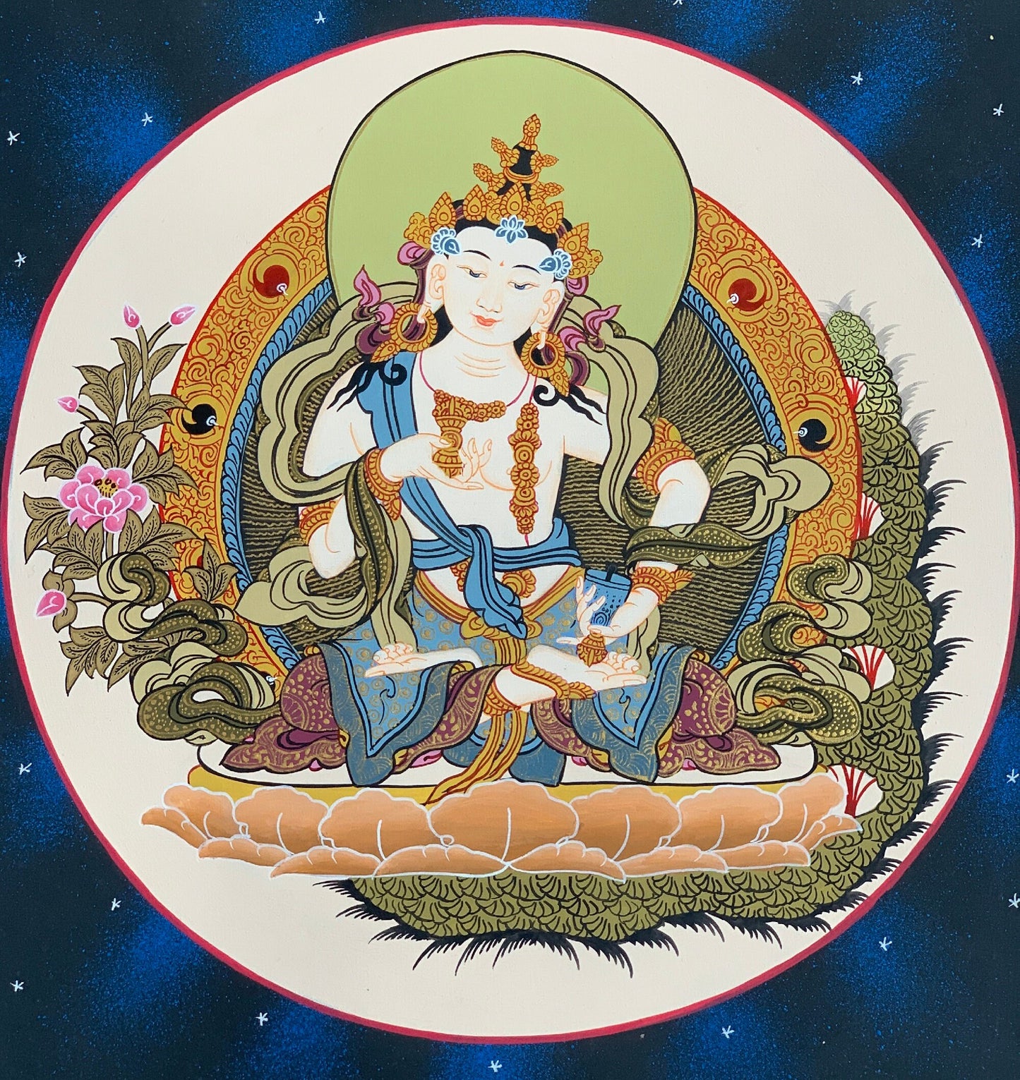 Vajrasattva, Dorje Sempa, Dhyani Buddha, Tibetan Thangka Painting, Original Art Framed with Silk