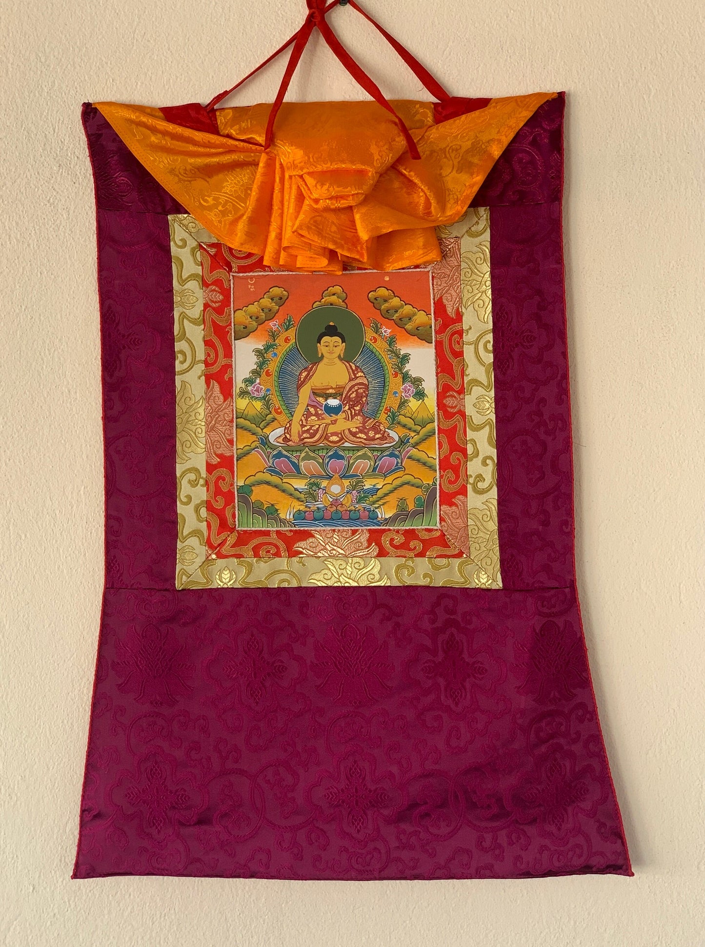 Shakyamuni, Siddhartha, Gautama, Buddha, Tibetan Thangka Painting, Original Art with Silk Frame ( Brocade)