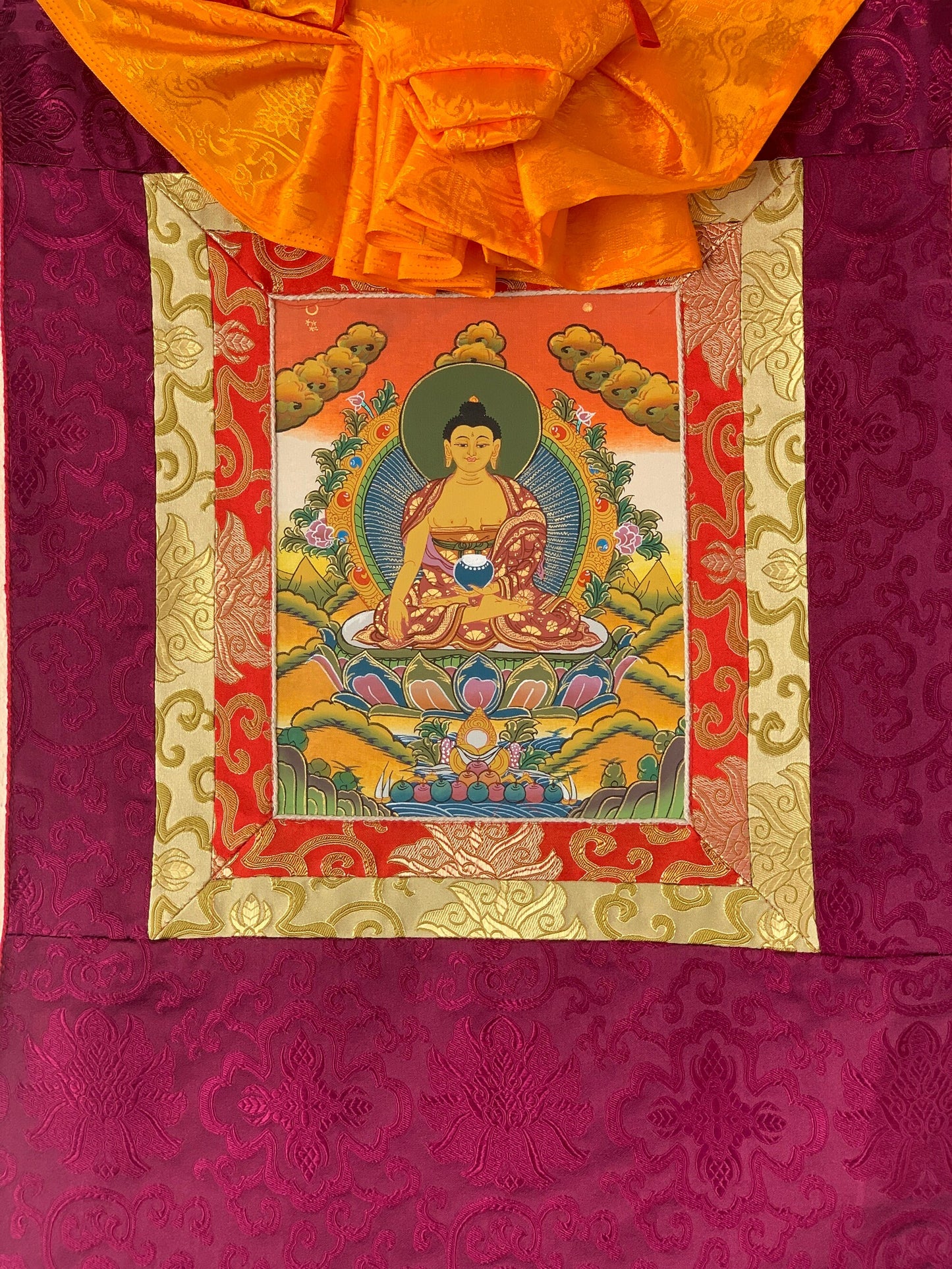 Shakyamuni, Siddhartha, Gautama, Buddha, Tibetan Thangka Painting, Original Art with Silk Frame ( Brocade)