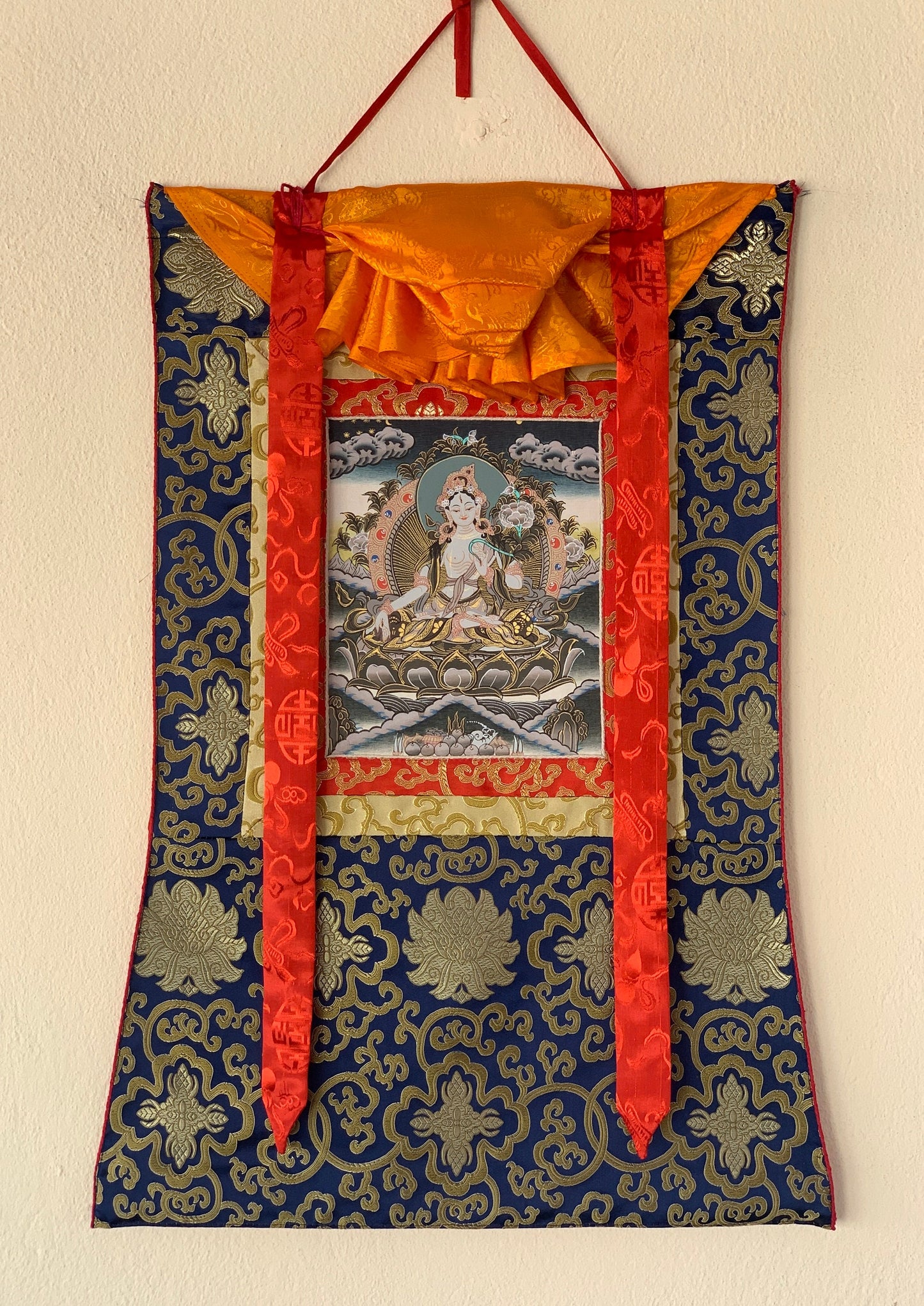 White Tara, Mother Buddha, Tibetan Thangka Painting, Original Art with Silk Frame ( Brocade)