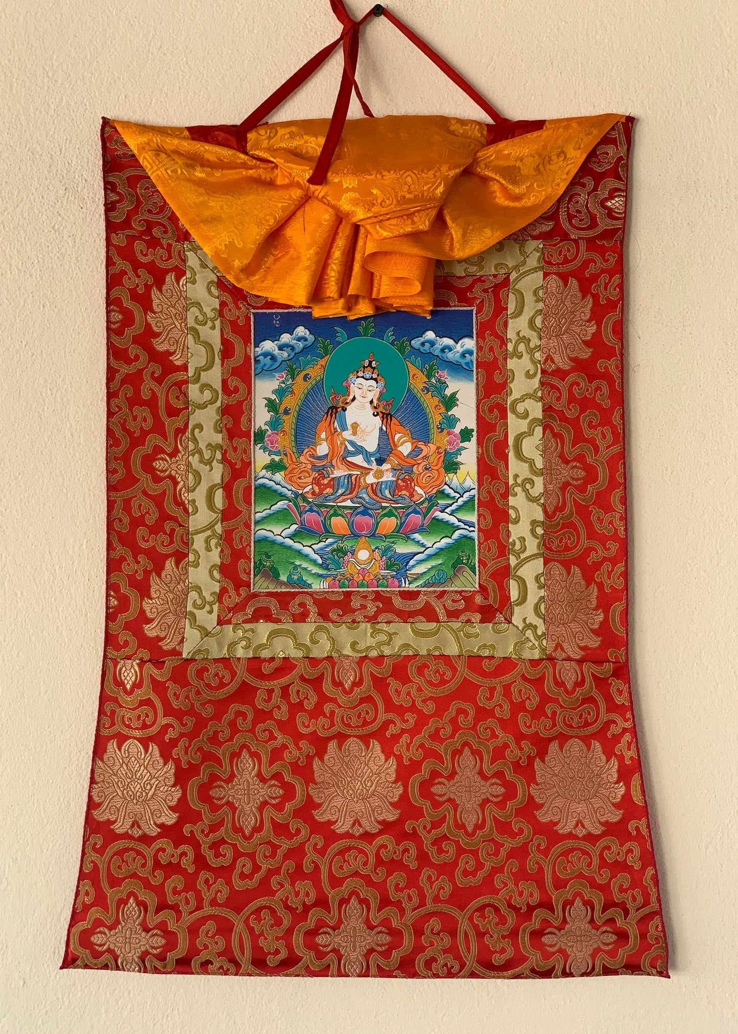 Vajrasattva, Meditating Buddha, Tibetan Thangka Painting, Original Art with Silk Frame ( Brocade)