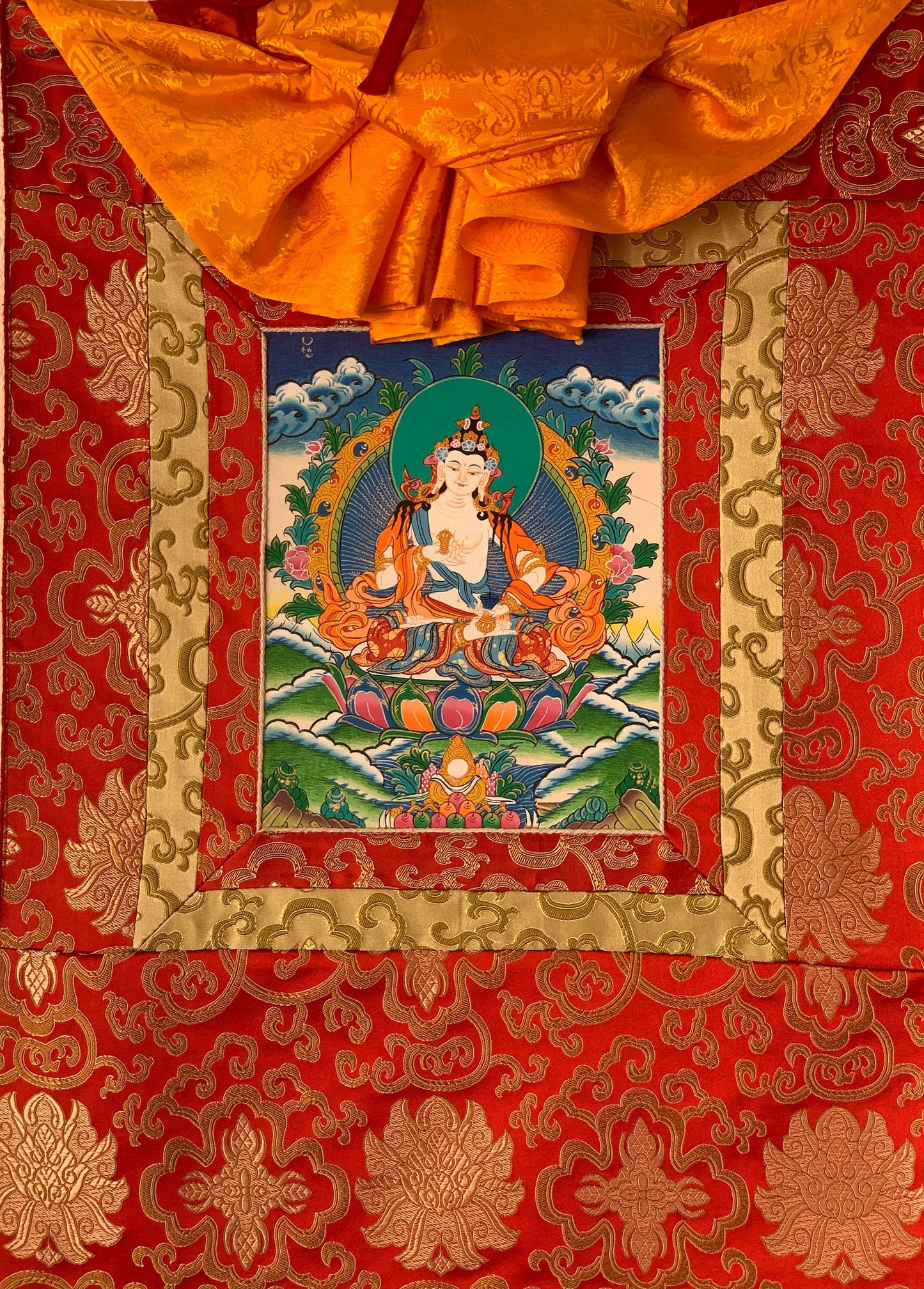 Vajrasattva, Meditating Buddha, Tibetan Thangka Painting, Original Art with Silk Frame ( Brocade)