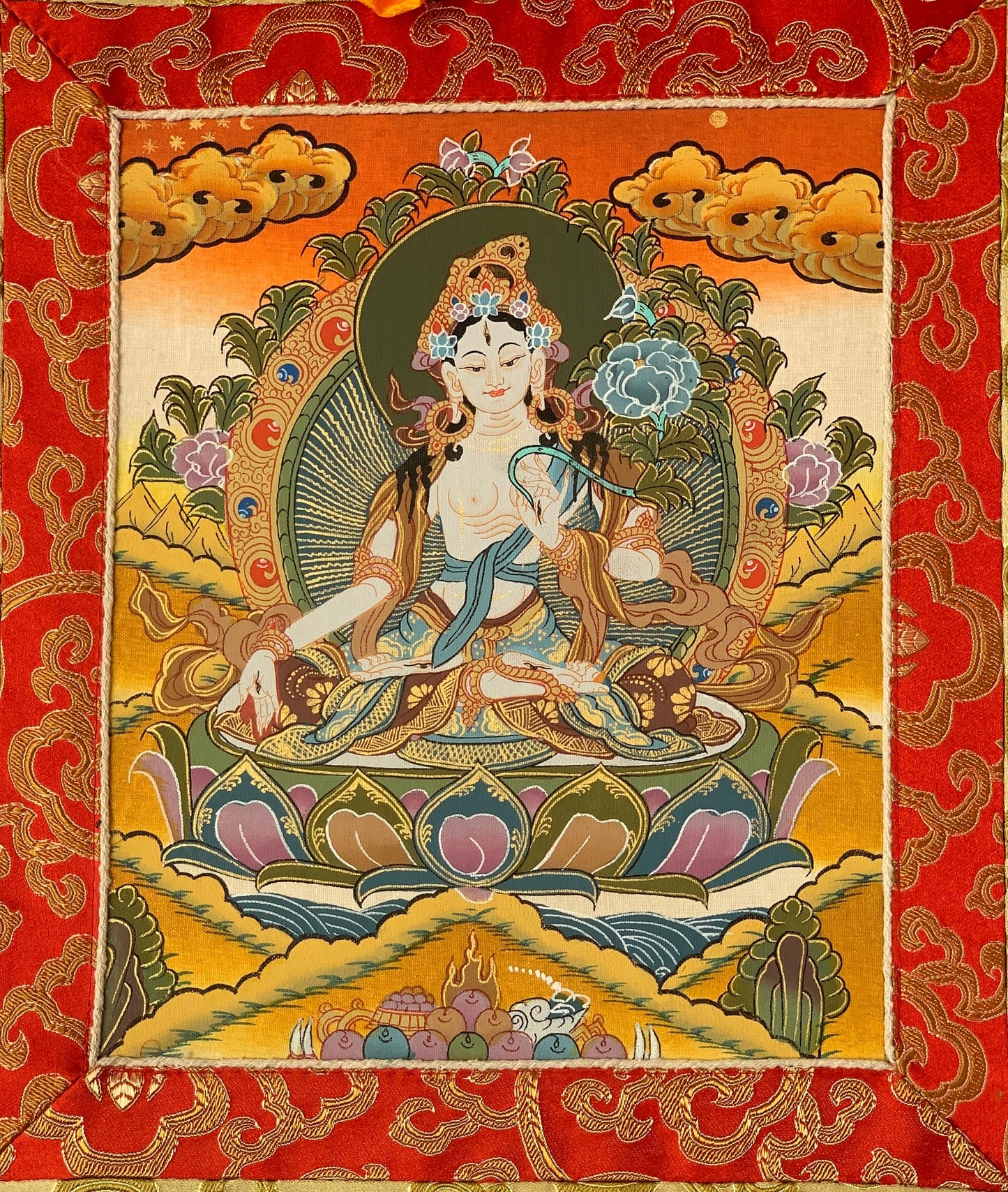 White Tara, Mother Buddha, Tibetan Thangka Painting, Original Art with Silk Frame ( Brocade)