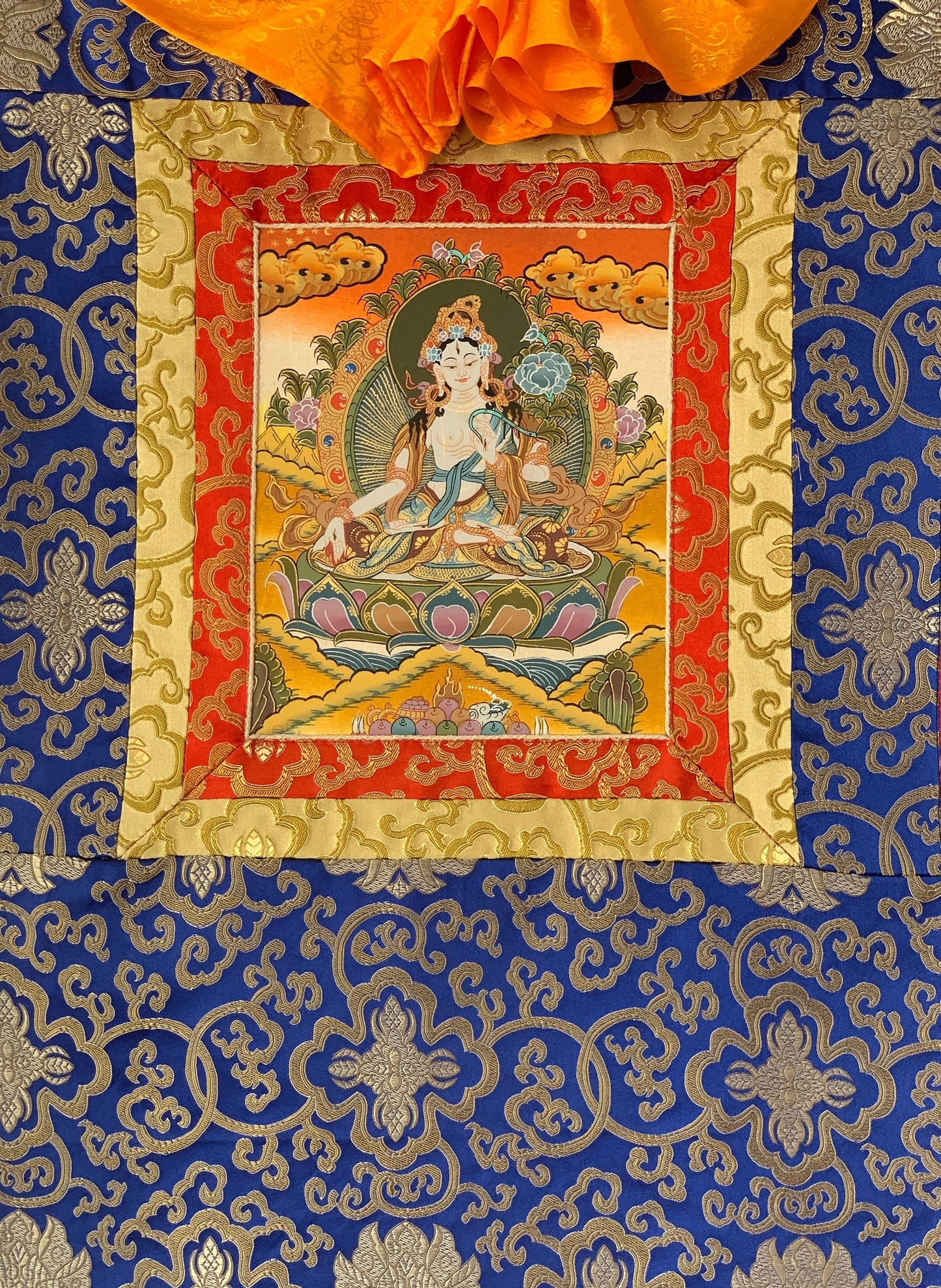 White Tara, Mother Buddha, Tibetan Thangka Painting, Original Art with Silk Frame ( Brocade)