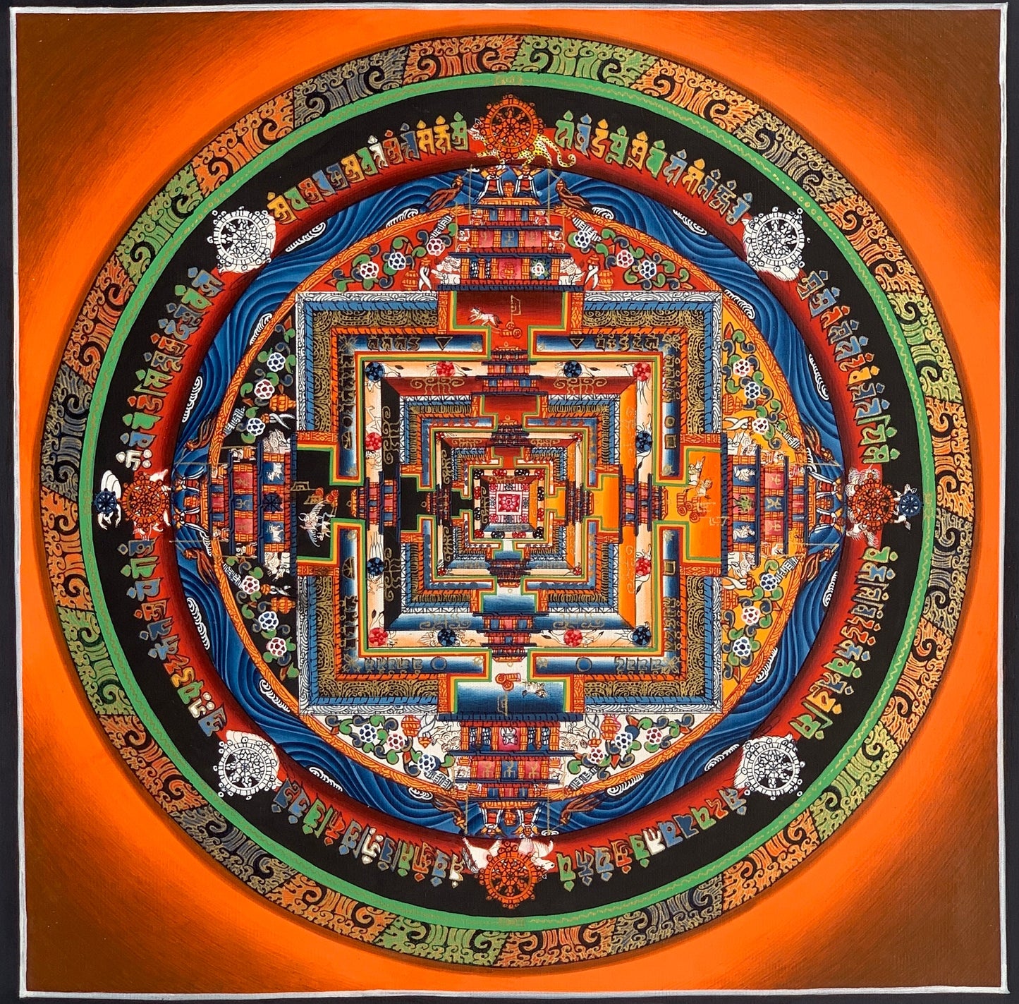 Hand Painted Wheel of Life, Kalachakra Mandala, High Quality Thangka Painting, Original Art 11 x 11 Inch