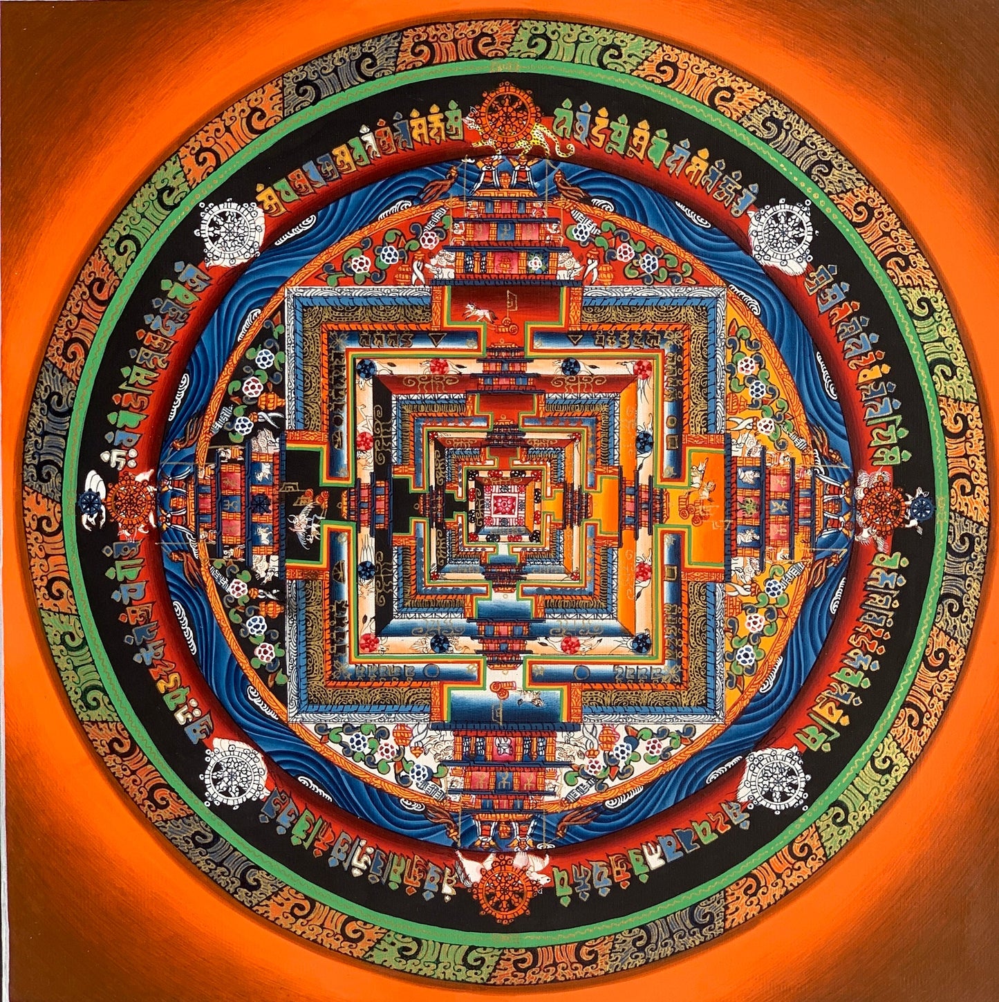 Hand Painted Wheel of Life, Kalachakra Mandala, High Quality Thangka Painting, Original Art 11 x 11 Inch