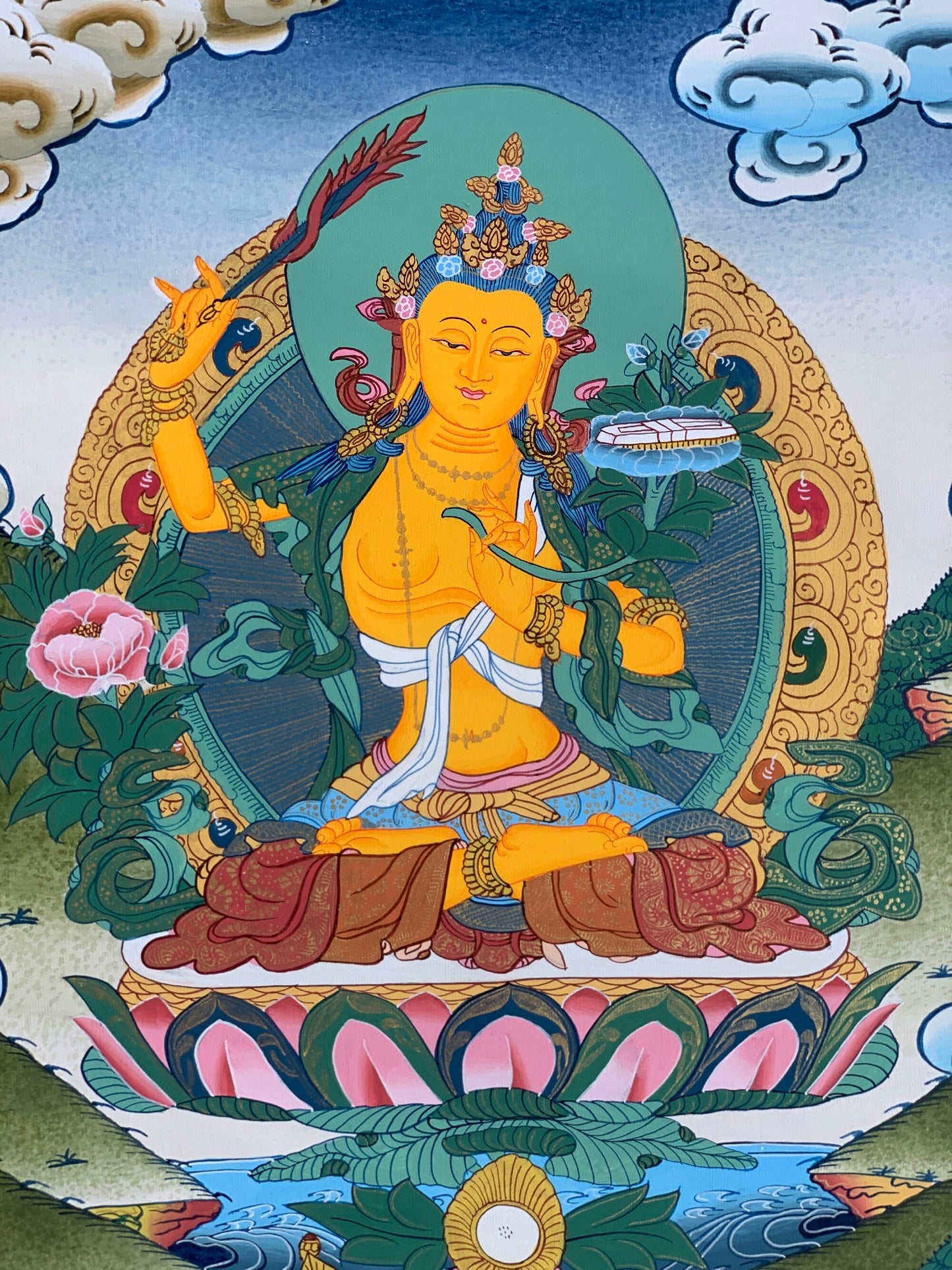 Manjushri, Manjusri, Manjushree, Bodhisattva, High Quality Thangka Painting, Original Art  14x 19 Inch