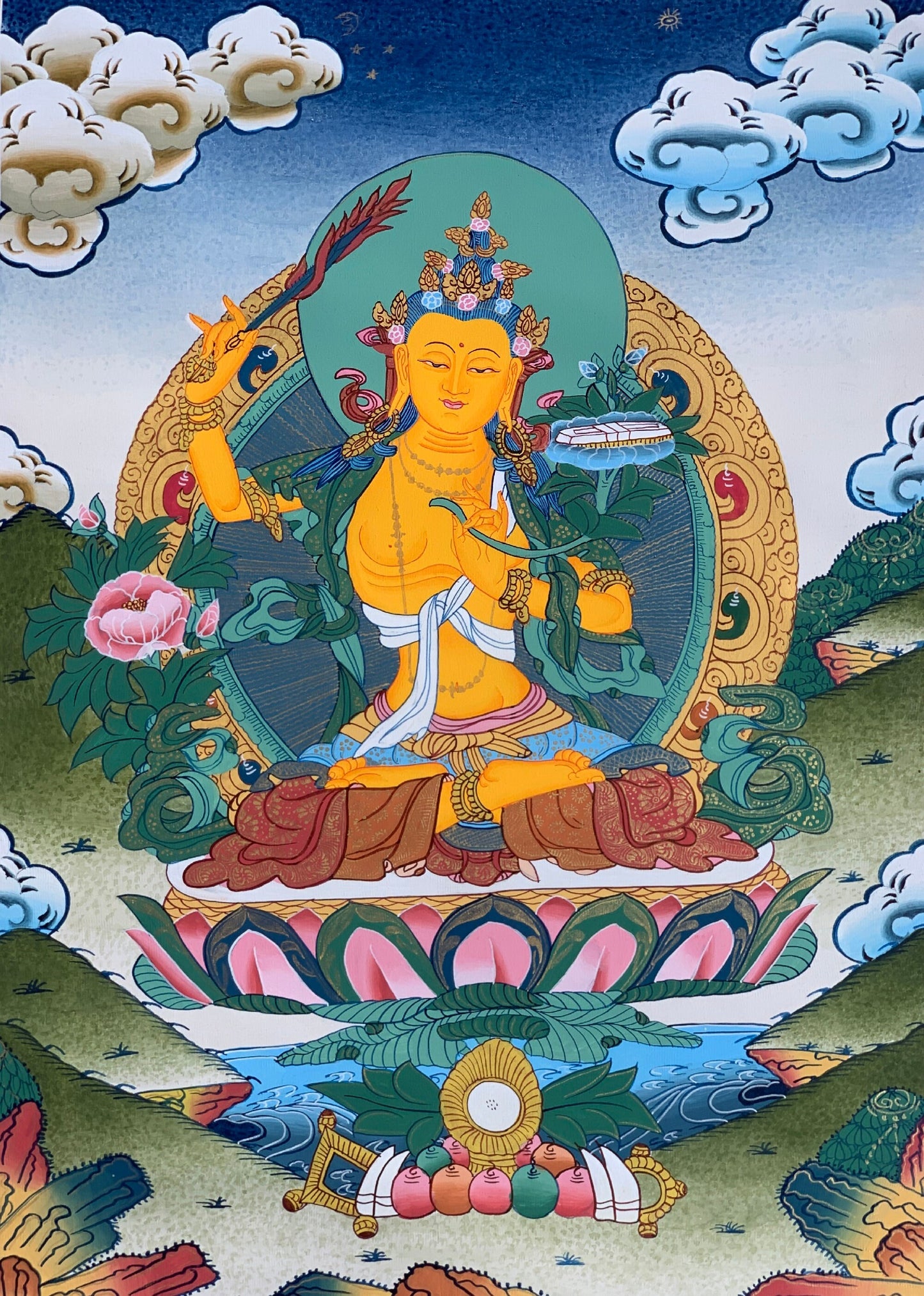 Manjushri, Manjusri, Manjushree, Bodhisattva, High Quality Thangka Painting, Original Art  14x 19 Inch