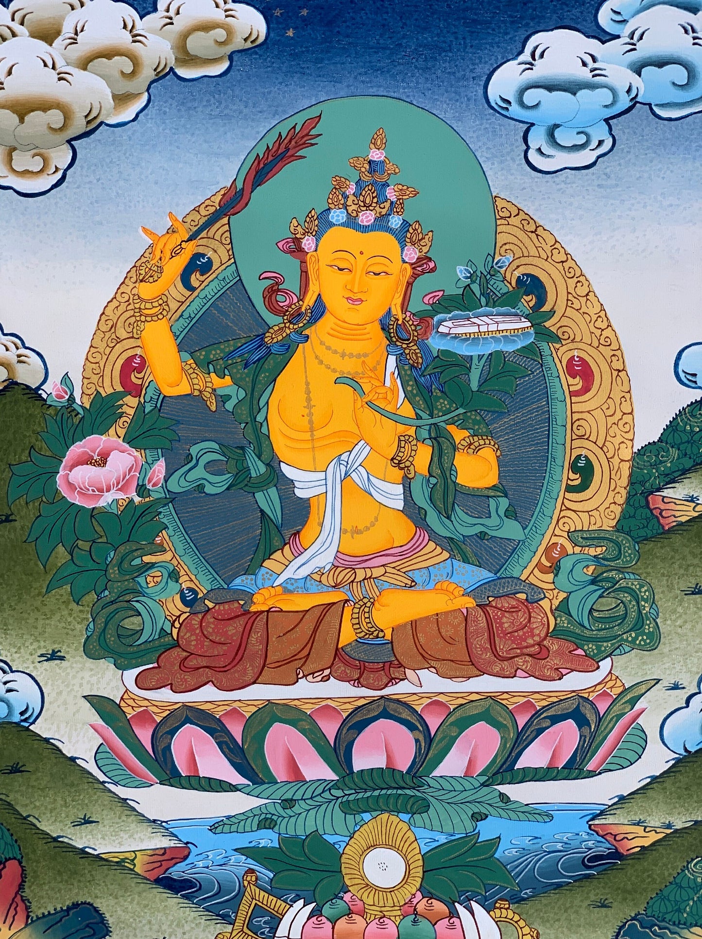 Manjushri, Manjusri, Manjushree, Bodhisattva, High Quality Thangka Painting, Original Art  14x 19 Inch