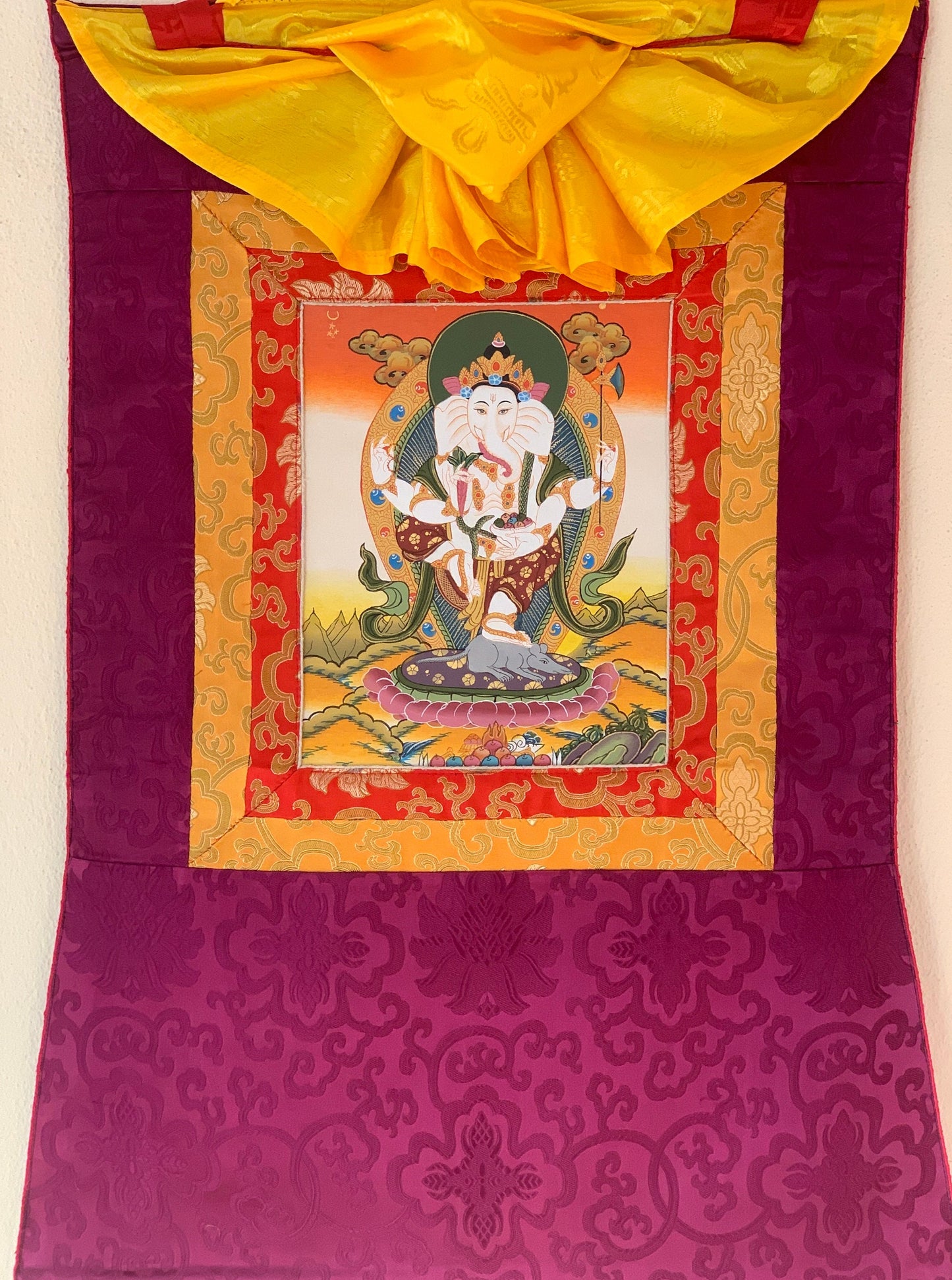 Lord Ganesha, Ganesh, Ganapati, Vinayaka, Thangka Painting, Original Art  with Silk Frame ( Brocade)