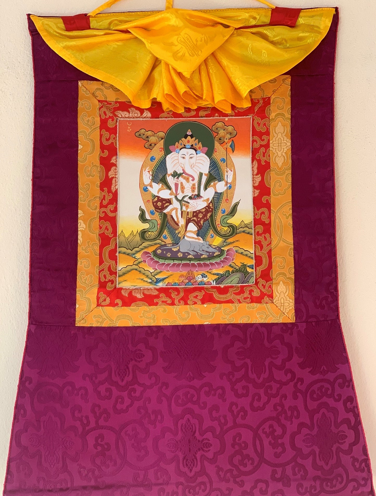 Lord Ganesha, Ganesh, Ganapati, Vinayaka, Thangka Painting, Original Art  with Silk Frame ( Brocade)