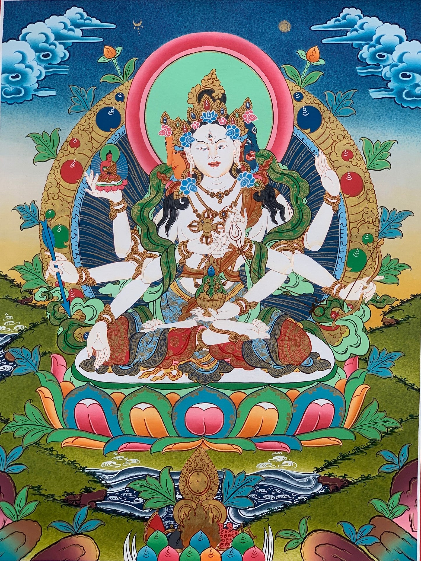 Vasudhara or Vasundhara, High Quality Blessed, Gold Thangka Painting, Original Art  15 x 20 Inch