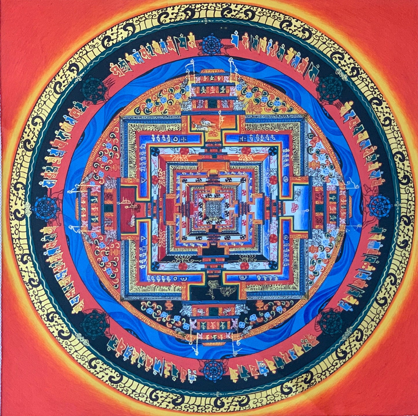 Hand Painted Wheel of Life, Kalachakra Mandala, Thangka Painting, Original Art  with Silk Brocade