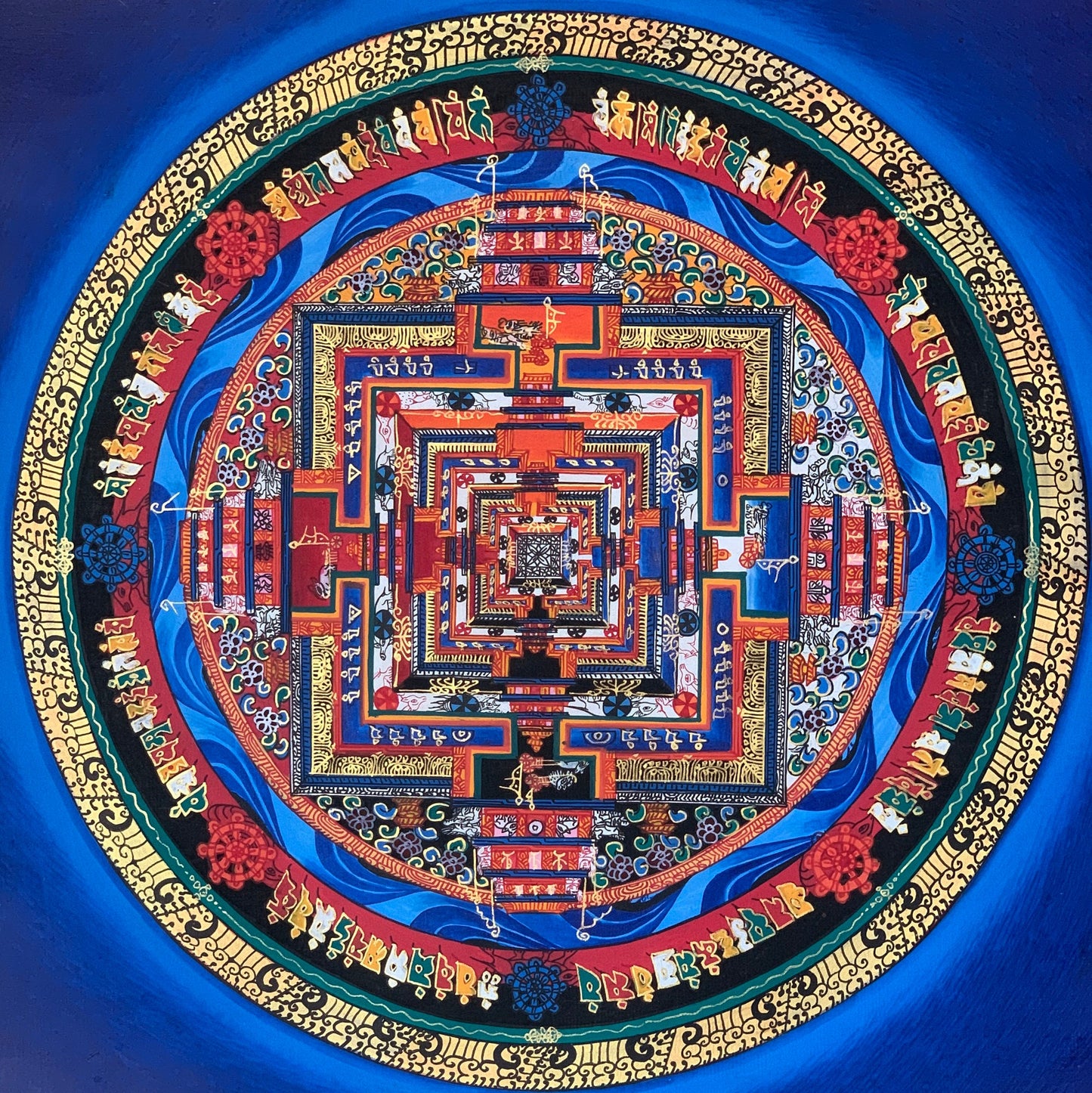 Hand Painted Wheel of Life, Kalachakra Mandala, Thangka Painting, Original Art  with Silk Brocade