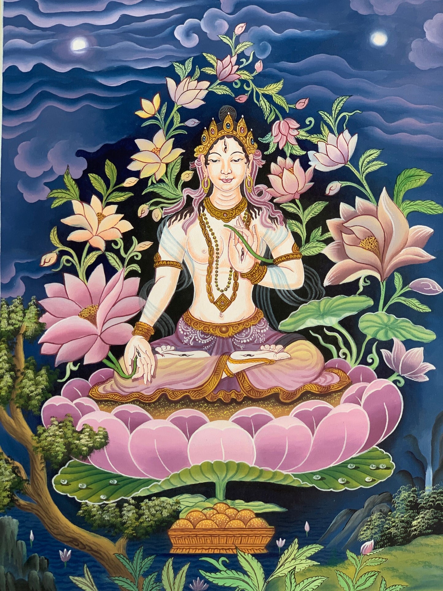 White Tara, Sitatara, Mother Goddess, Newari, Pauba, Thangka  Painting, Original Art  15 x 20 Inch