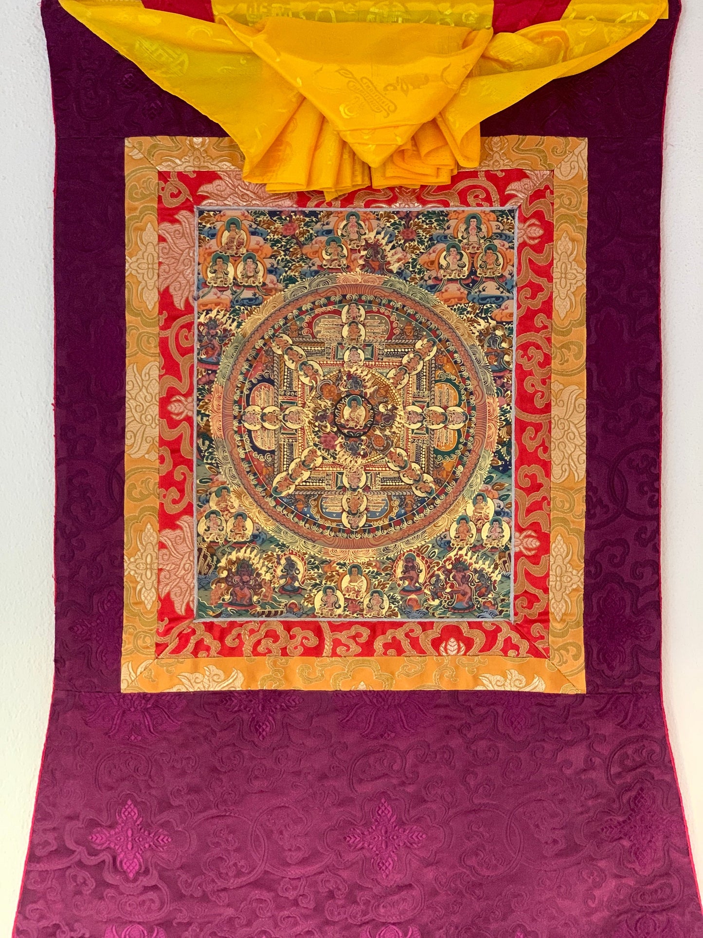 Buddha Life,  Wheel of Life, Bhavacakra, Mandala, Thangka Painting, Original Art   with Silk Brocade