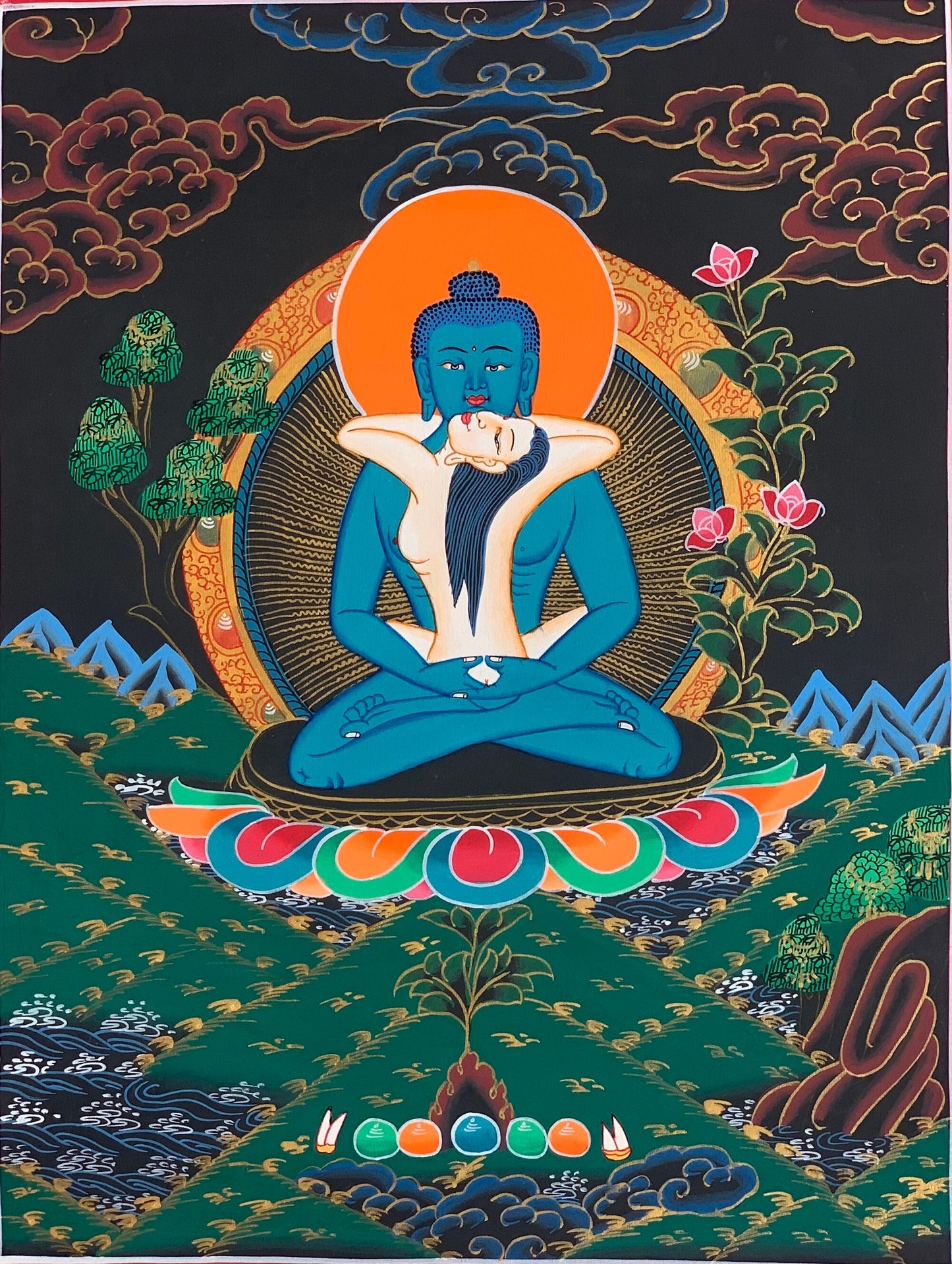 Hand Painted Buddha Shakti Samantabhadra Tibetan Thangka Painting Original Art with Premium Silk Brocade