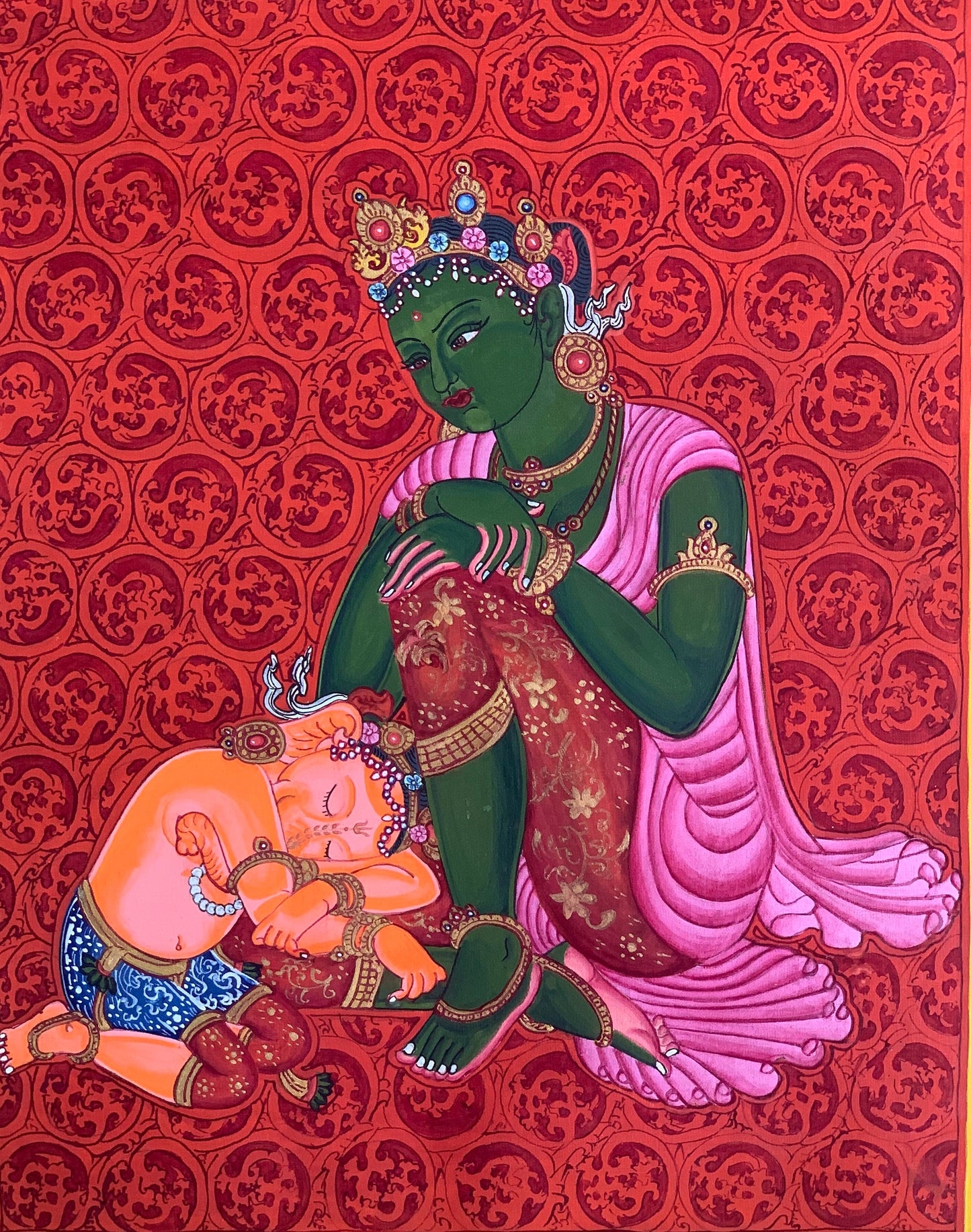 Mother Parvati with Ganesha Original Masterpiece Newari Paubha/ Thangka Painting Hindu Buddhist Art