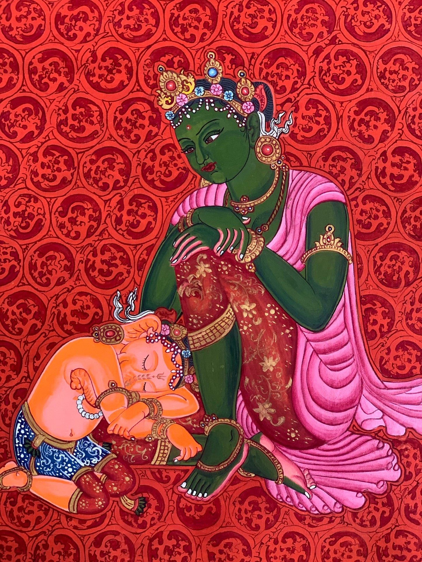 Mother Parvati with Ganesha Original Masterpiece Newari Paubha/ Thangka Painting Hindu Buddhist Art