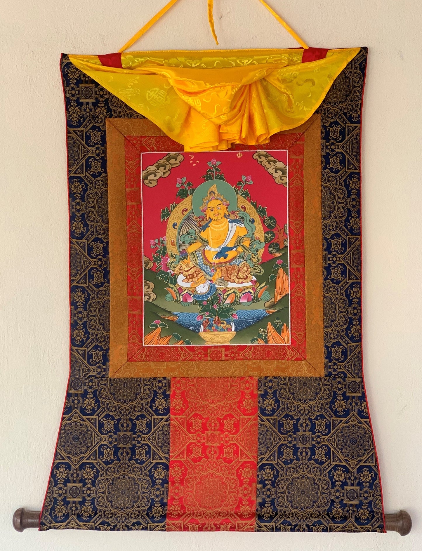 Jambhala,  Dzambhala, Dzambala, Zambala, Jambala, Tibetan Thangka Painting, Original Art  with Silk Frame