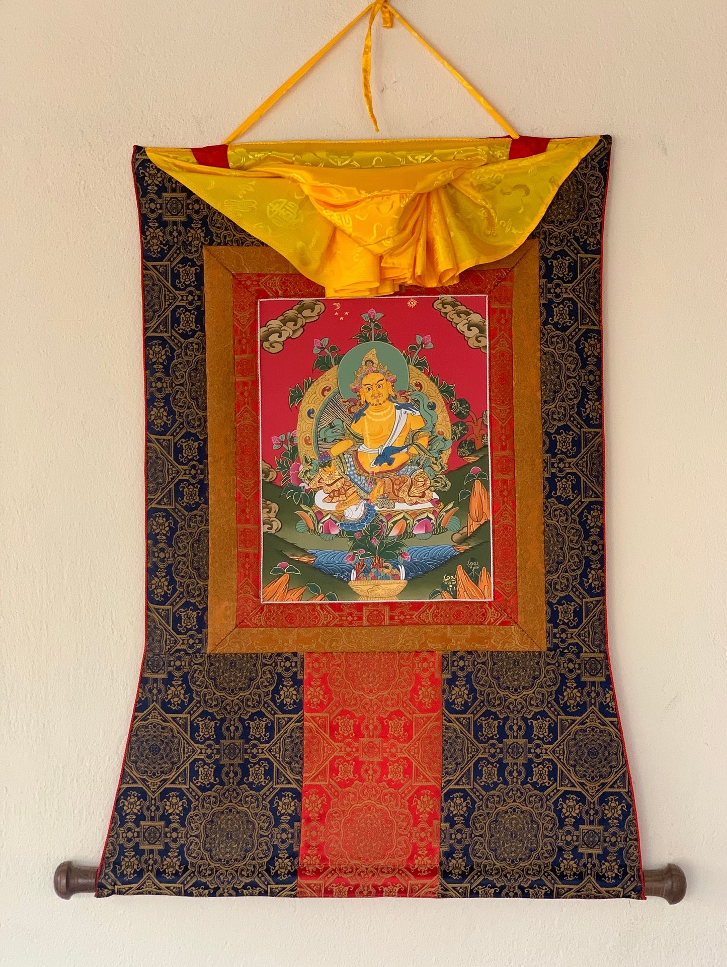 Jambhala,  Dzambhala, Dzambala, Zambala, Jambala, Tibetan Thangka Painting, Original Art  with Silk Frame