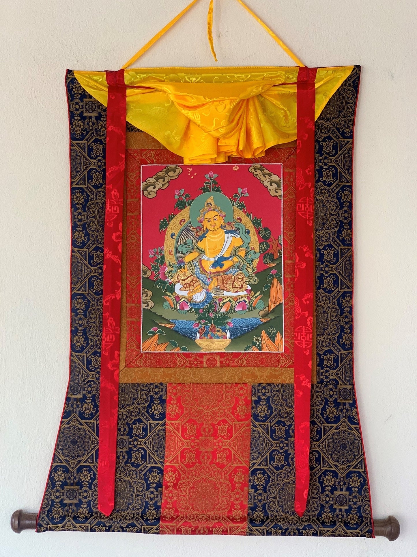 Jambhala,  Dzambhala, Dzambala, Zambala, Jambala, Tibetan Thangka Painting, Original Art  with Silk Frame