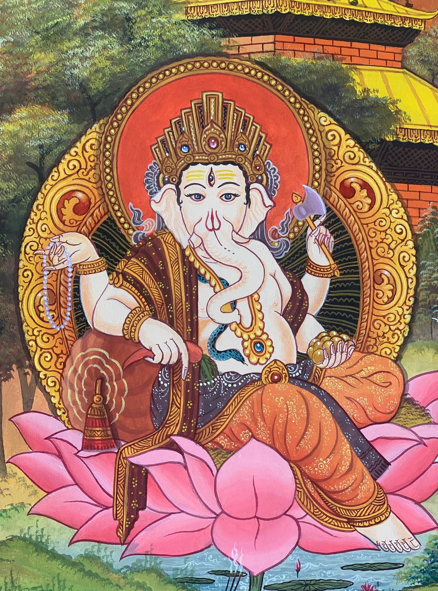 Lord Ganesha, Ganesh, Ganapati, Vinayaka, Hindu God, Master Quality Newari Paubha, Thangka Painting, Original Hand Painting/Art 15 x 20-Inch