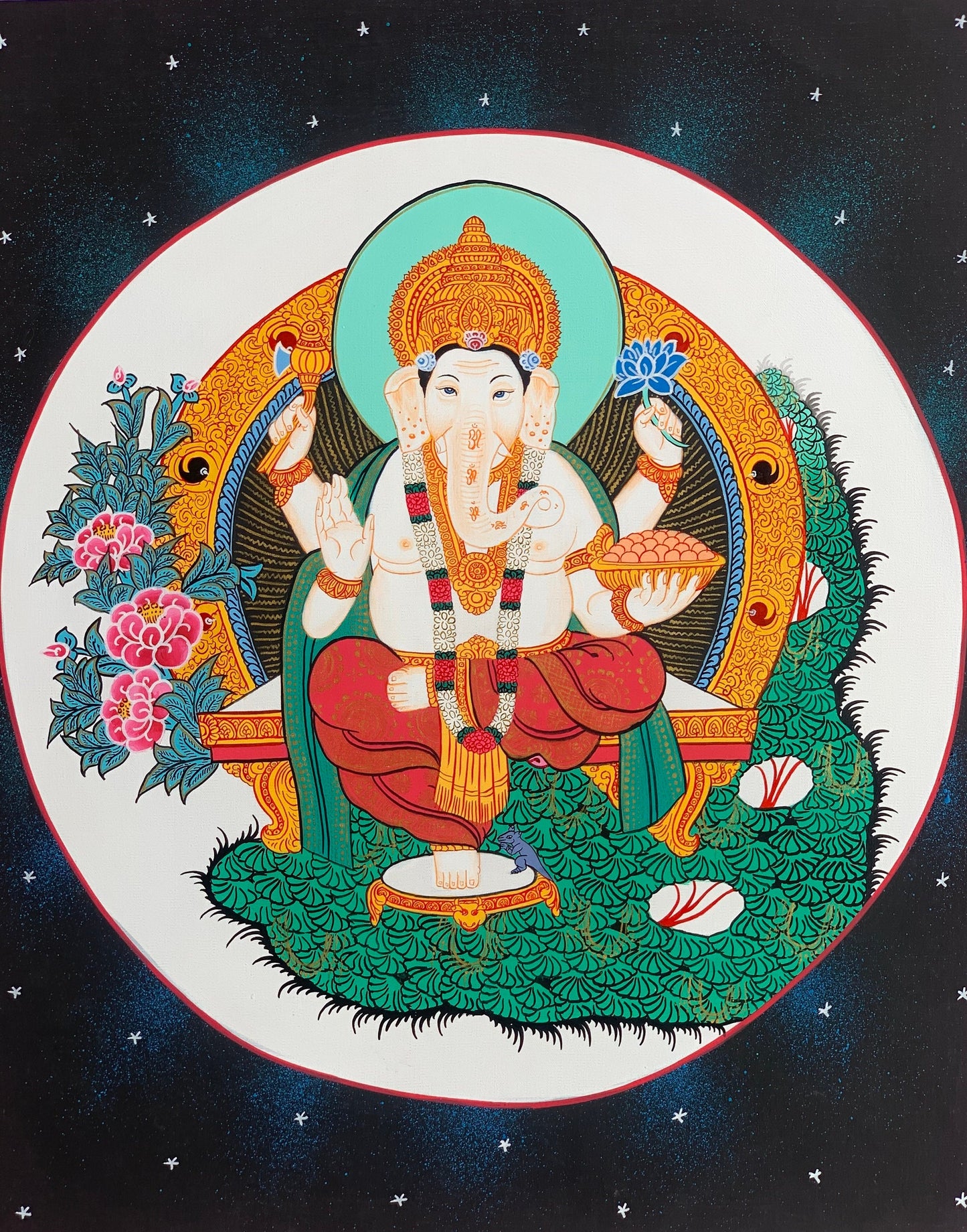 Lord Ganesha, Ganesh, Ganapati, Vinayaka, Thangka Painting, Hindu Buddhist, Original Art 11 x 14-Inches