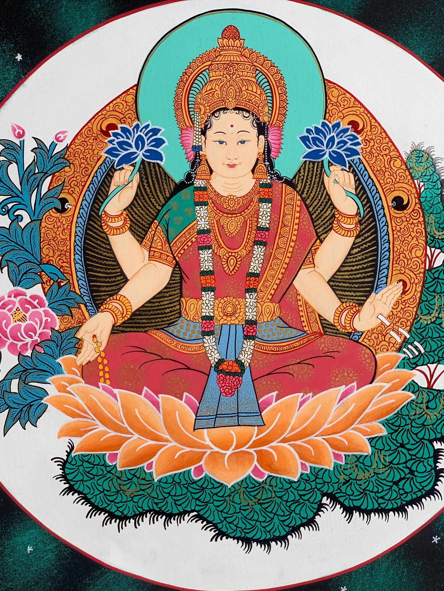 Goddess Laxmi, Asta Laxmi, Mahalaxmi, Thangka Painting, Original Hinudu Buddhist Art, 11 x 14- Inch