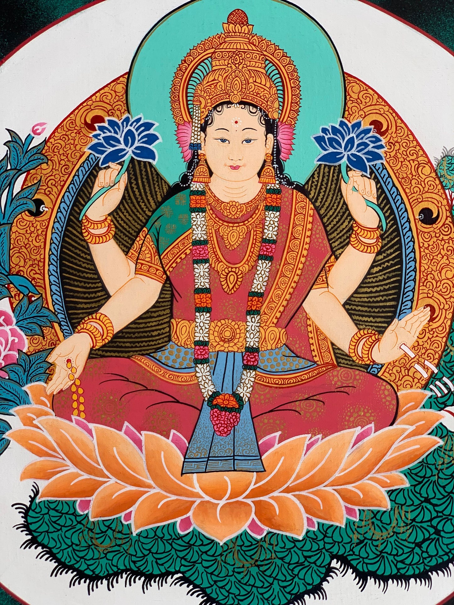 Goddess Laxmi, Asta Laxmi, Mahalaxmi, Thangka Painting, Original Hinudu Buddhist Art, 11 x 14- Inch