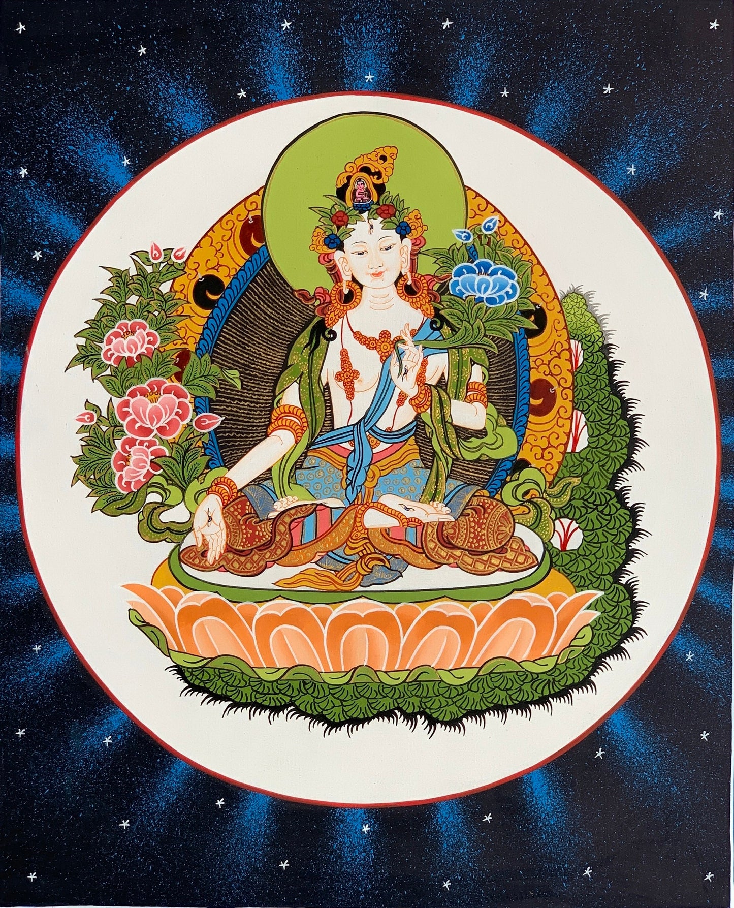 White Tara Sitatara Mother Goddess Tibetan Thangka Painting, Original Art/ Hand Painting from Nepal