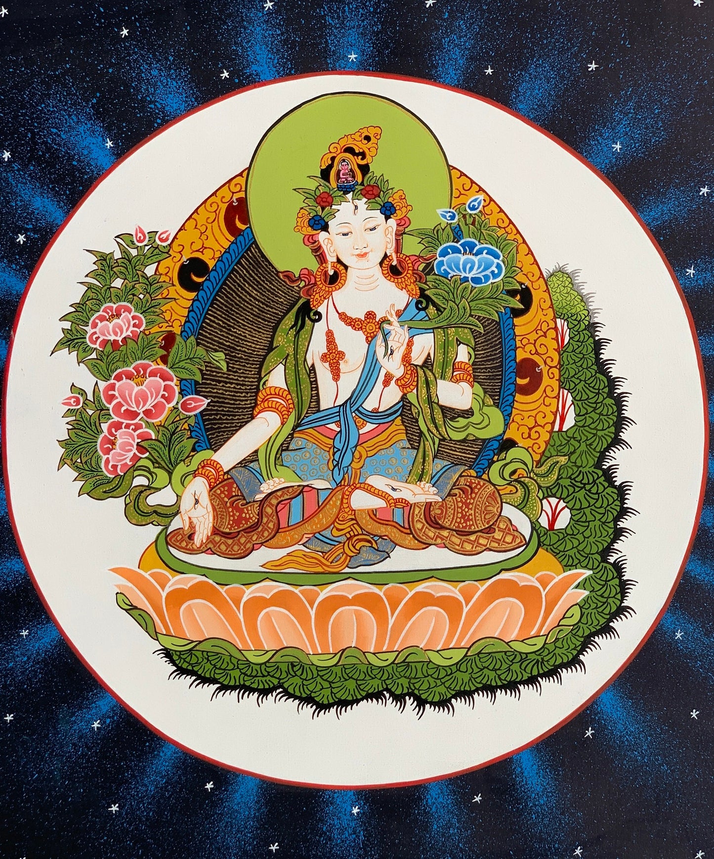 White Tara Sitatara Mother Goddess Tibetan Thangka Painting, Original Art/ Hand Painting from Nepal