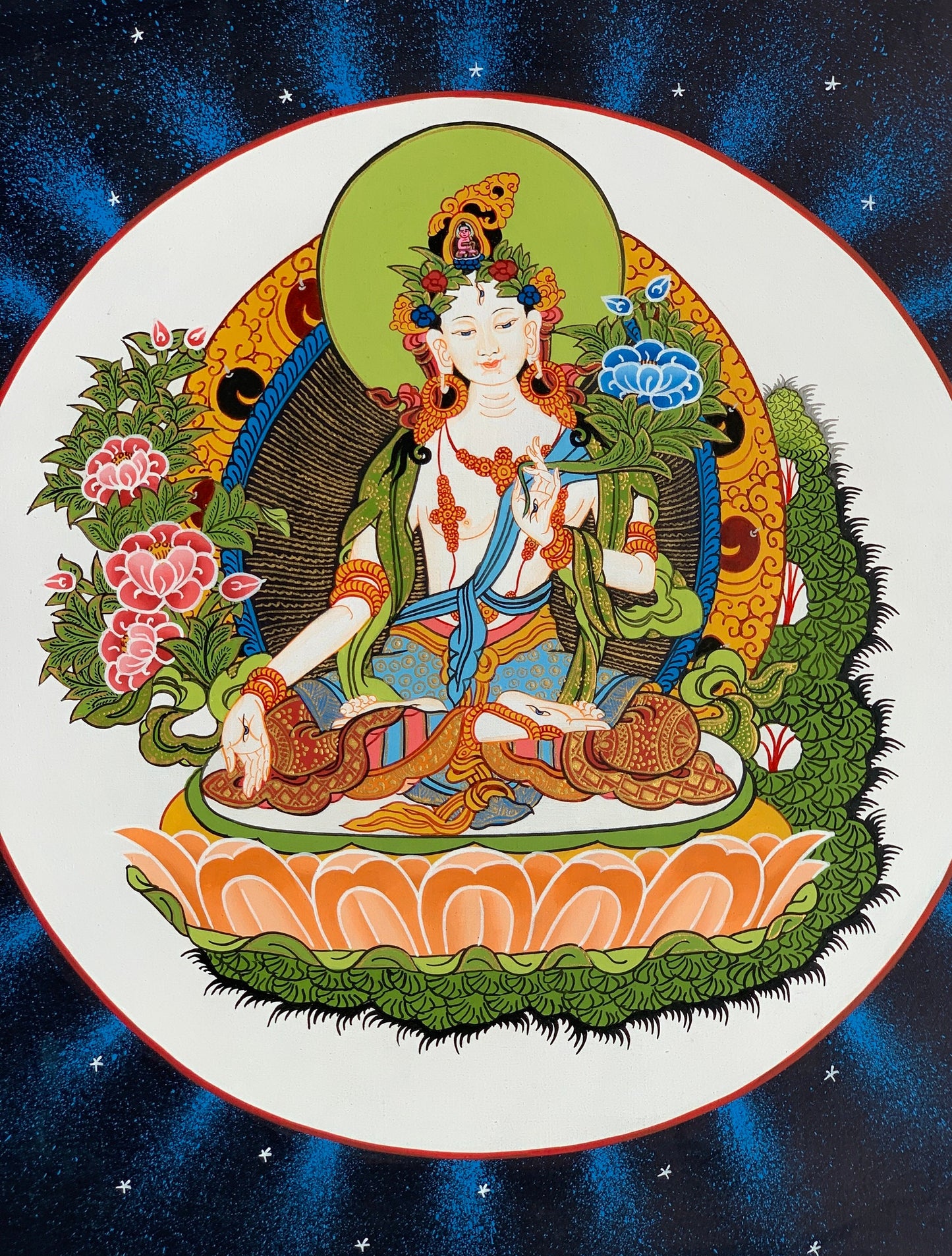 White Tara Sitatara Mother Goddess Tibetan Thangka Painting, Original Art/ Hand Painting from Nepal