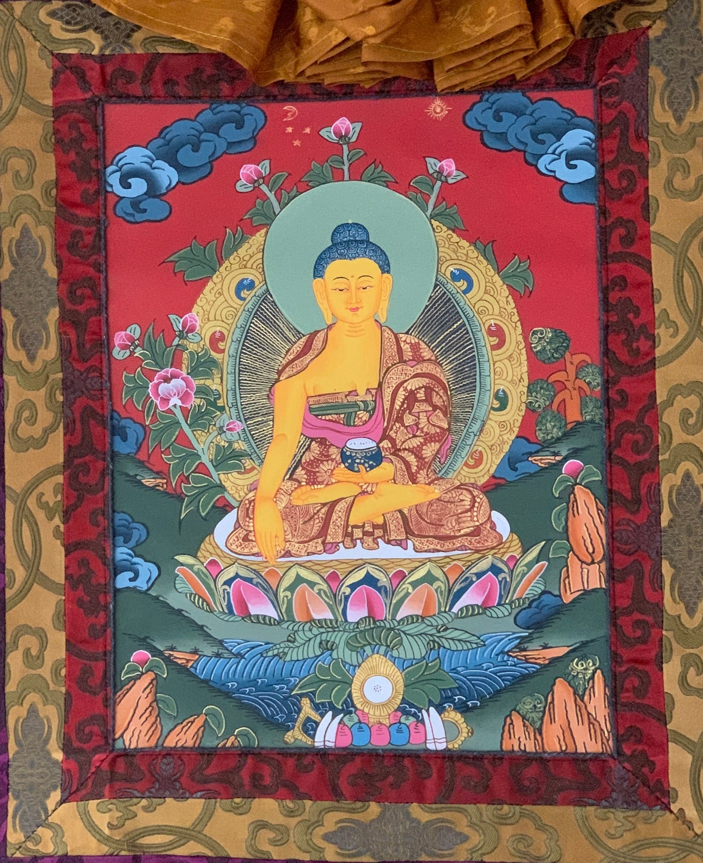 Shakyamuni, Siddhartha, Gautama, Buddha Tibetan Thangka Painting, Original Art  with Silk Brocade