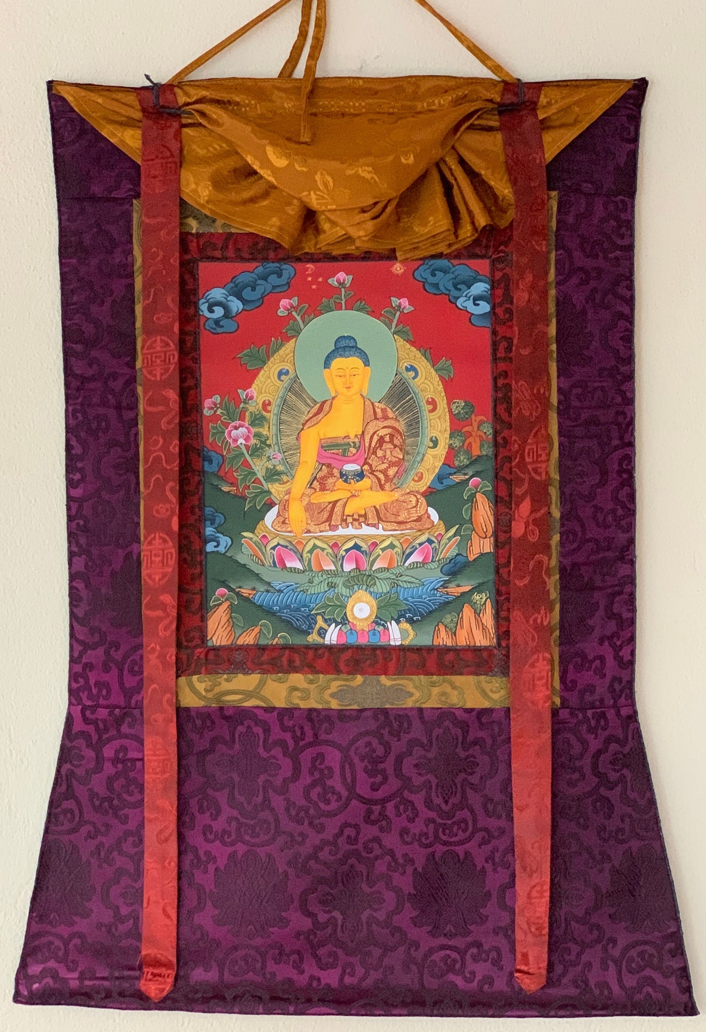 Shakyamuni, Siddhartha, Gautama, Buddha Tibetan Thangka Painting, Original Art  with Silk Brocade