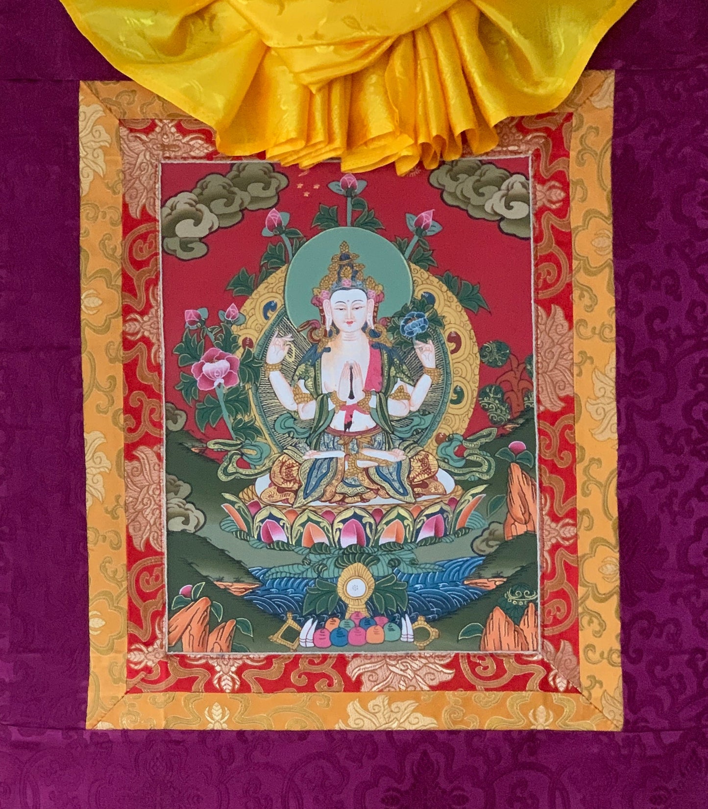 Chyangresi, Chenrezig, Avalokiteshvara, Bodhisattva, Thangka Painting, Original Art with Silk Brocade