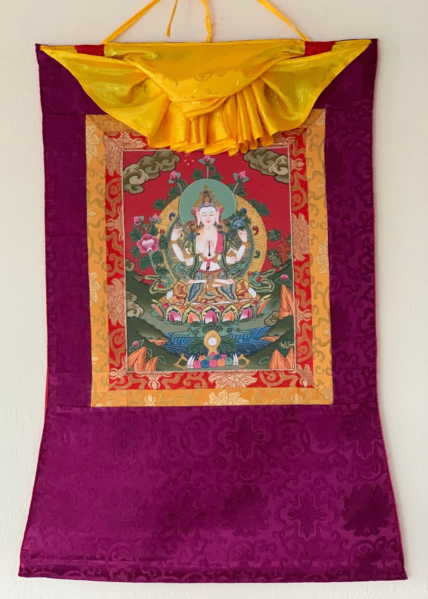 Chyangresi, Chenrezig, Avalokiteshvara, Bodhisattva, Thangka Painting, Original Art with Silk Brocade