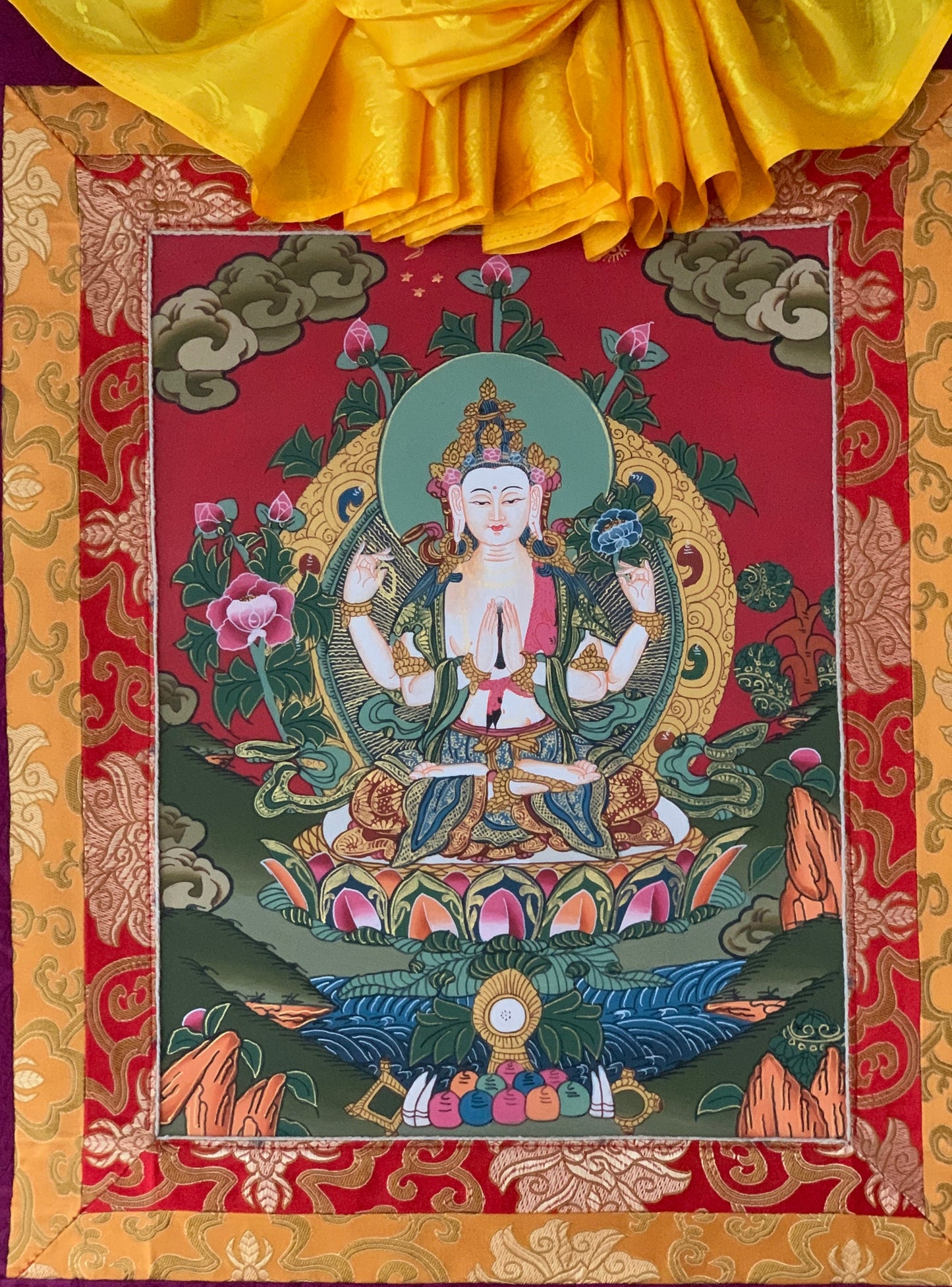 Chyangresi, Chenrezig, Avalokiteshvara, Bodhisattva, Thangka Painting, Original Art with Silk Brocade