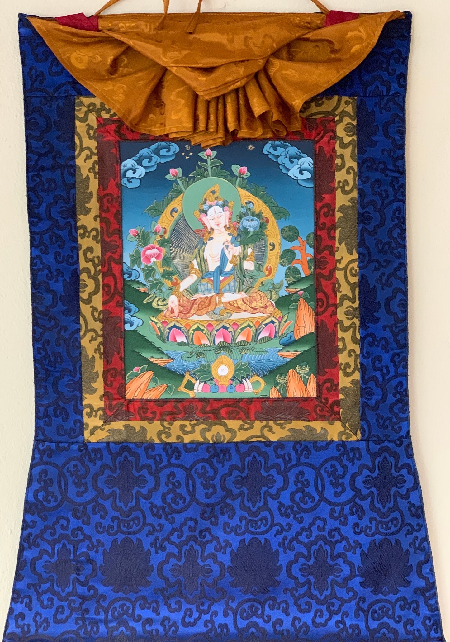 White Tara, Sita Tara, Sgrol-dkar, Goddess of Compassion, Tibetan Thangka Painting, Original Art with Silk Brocade