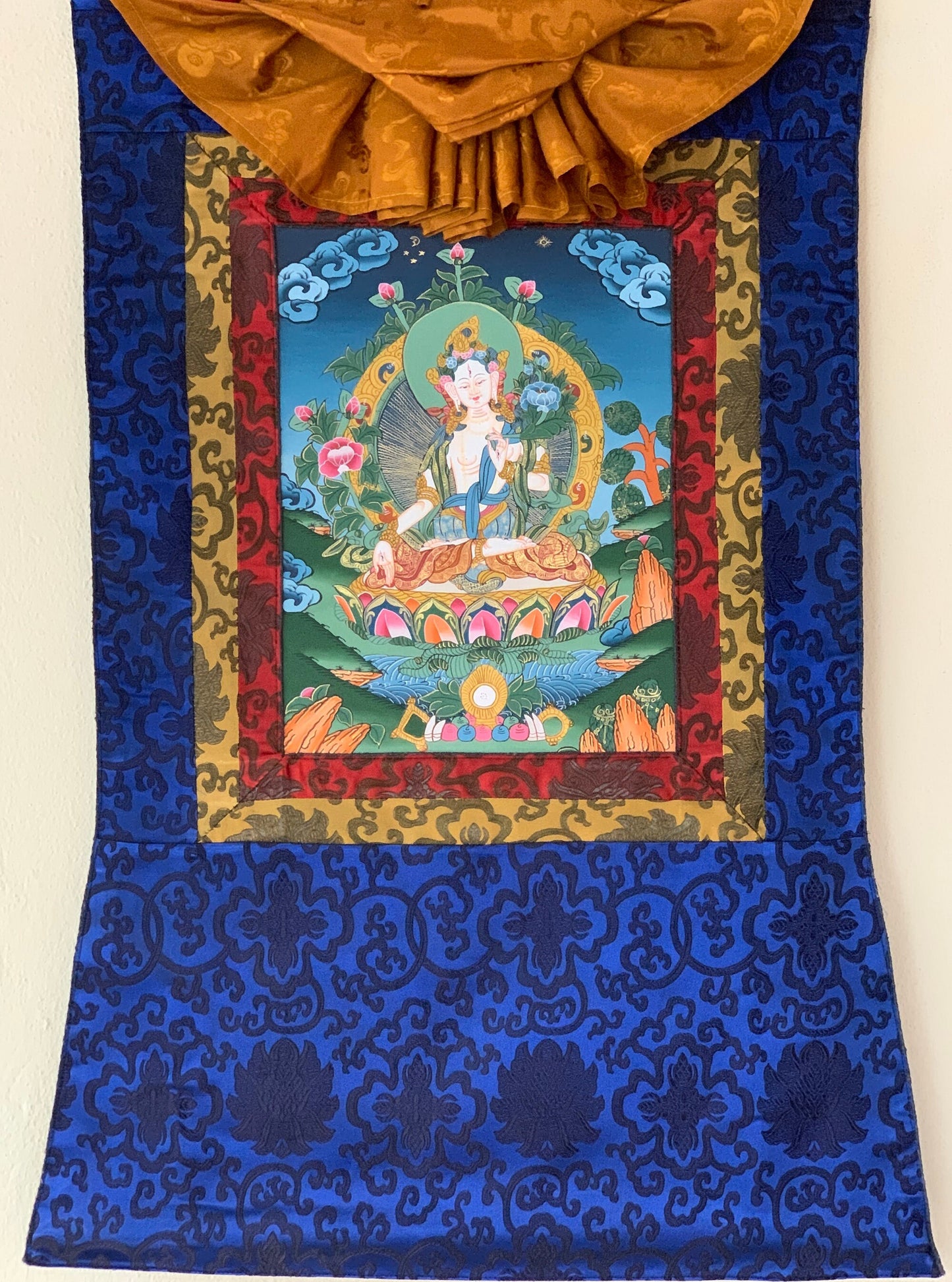 White Tara, Sita Tara, Sgrol-dkar, Goddess of Compassion, Tibetan Thangka Painting, Original Art with Silk Brocade