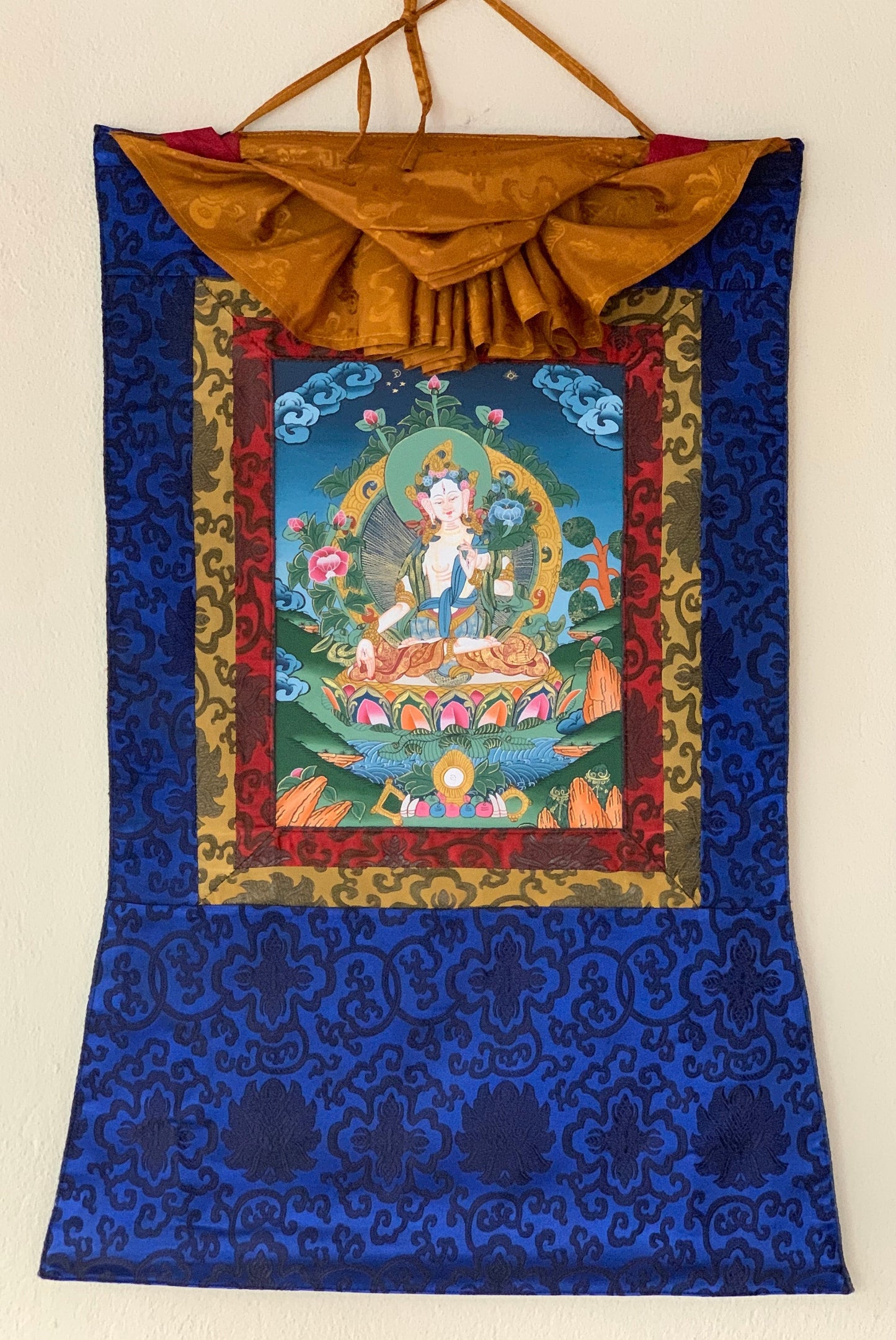 White Tara, Sita Tara, Sgrol-dkar, Goddess of Compassion, Tibetan Thangka Painting, Original Art with Silk Brocade